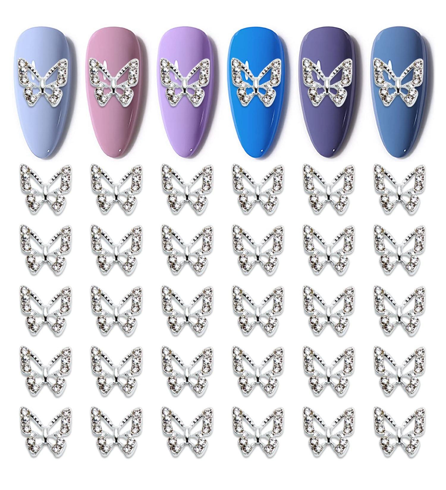 WOKOTO 30 Pcs Silver 3D Butterfly Nail Charms with Rhinestones - Nail Art Decorations Kit - Buy Online on GoSupps.com