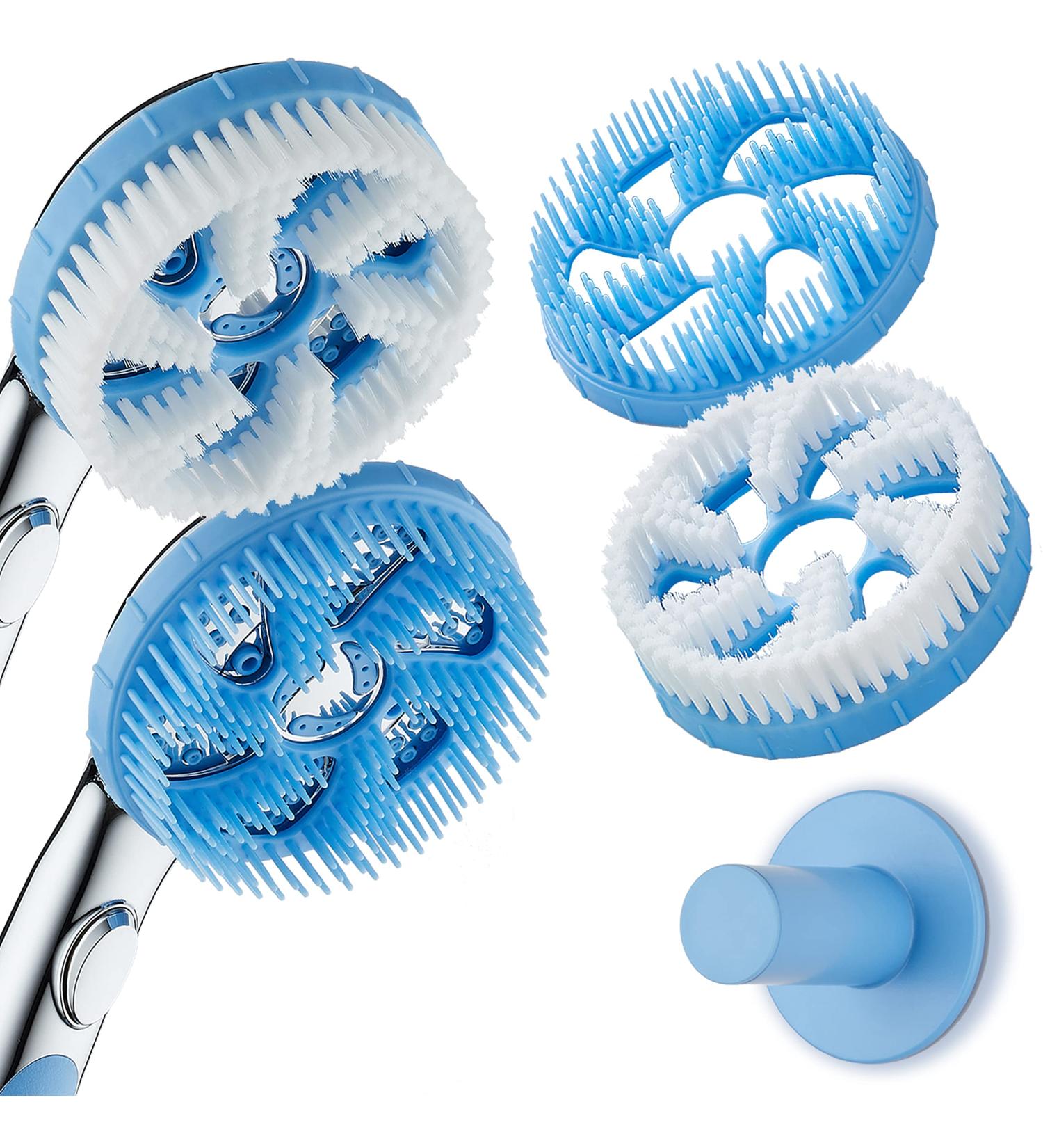 AquaCare 3-pc. Brush Head Set for Aquassage Hand Shower - Soft Body & Hair Brush, Wall Holder - 100% Hygienic Material, Eliminate Odors & Biofilm Buildup - Blue - Buy Online on GoSupps.com