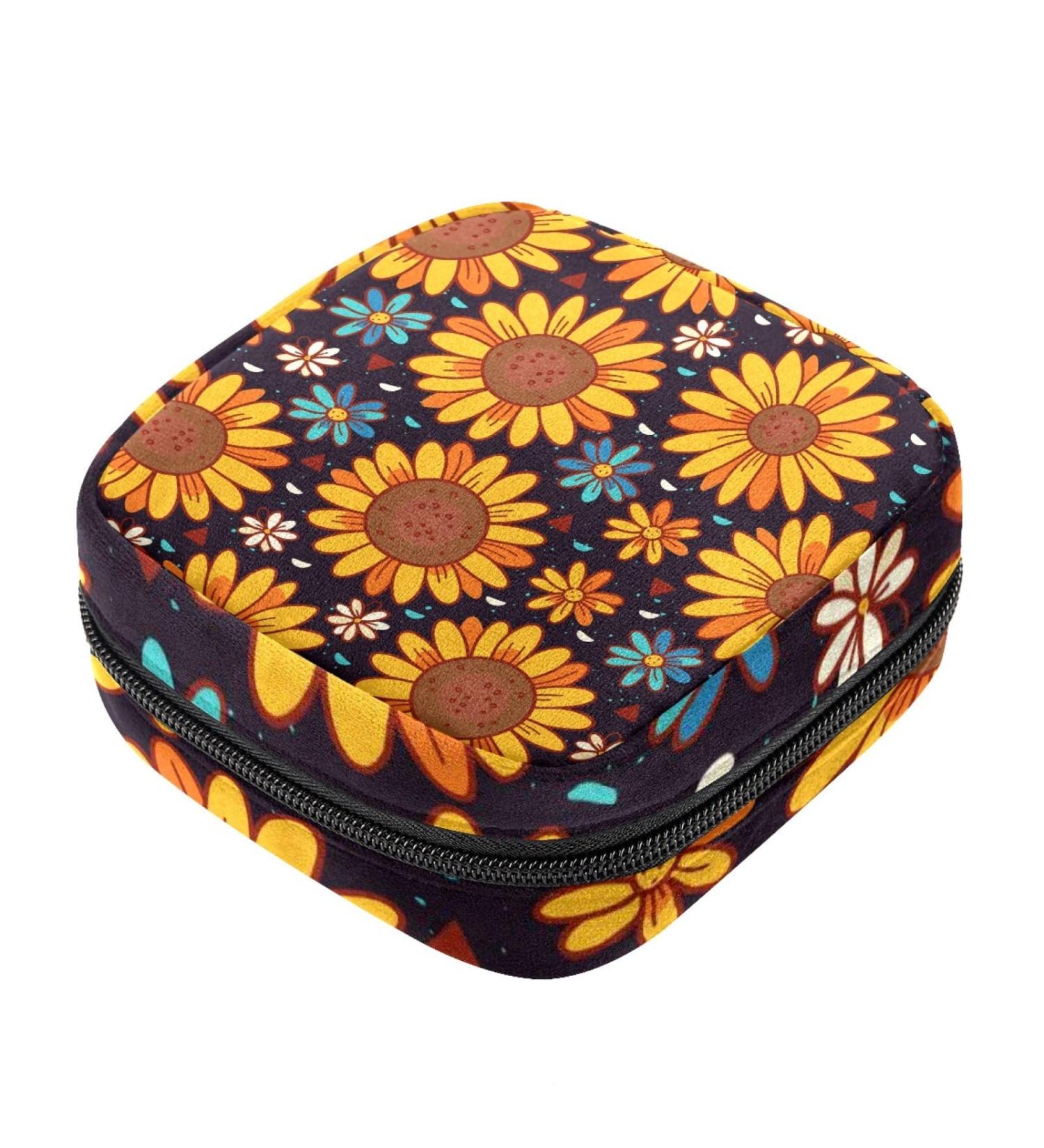 Sunflower Print Sanitary Napkin Storage Bag | Portable Period Kit Pouch for Menstrual Cup & Sanitary Pads | Zippered Menstrual Pad Organizer for Women & Teens - Color 10 - Buy Online on GoSupps.com