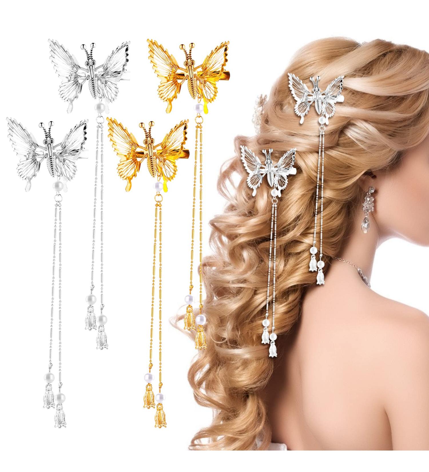 Sibba 4 Pcs Moving Wings Butterfly Hair Clips with Tassel | Bride Wedding Hairpin for Women and Girls - Buy Online on GoSupps.com