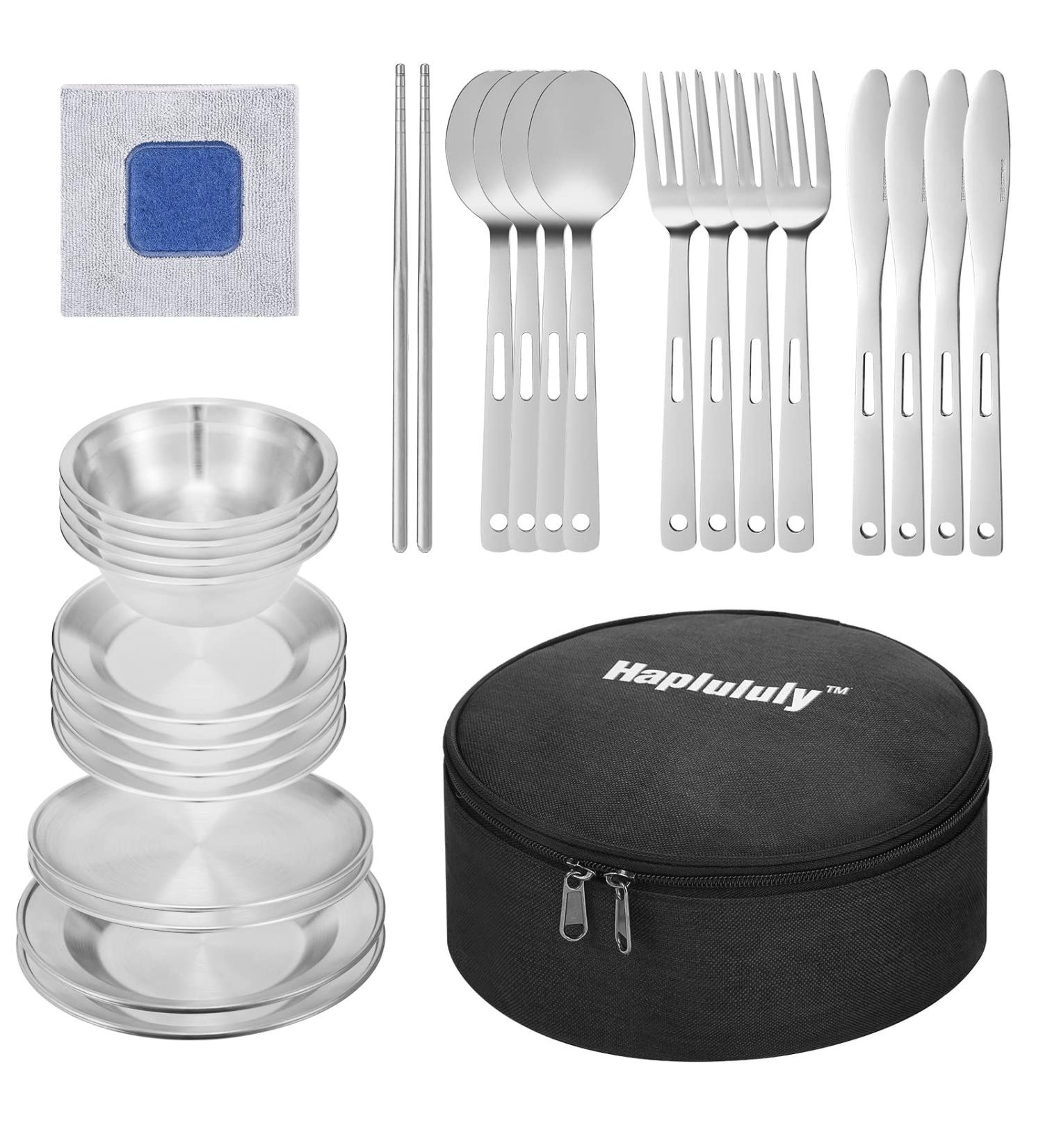 Stainless Steel Camping Mess Kit - 28 Pcs Dinnerware Set for 4 - Plates, Bowls, Cutlery, Gloves & Rag - Ideal for Hiking, Picnics - Black - Buy Online on GoSupps.com
