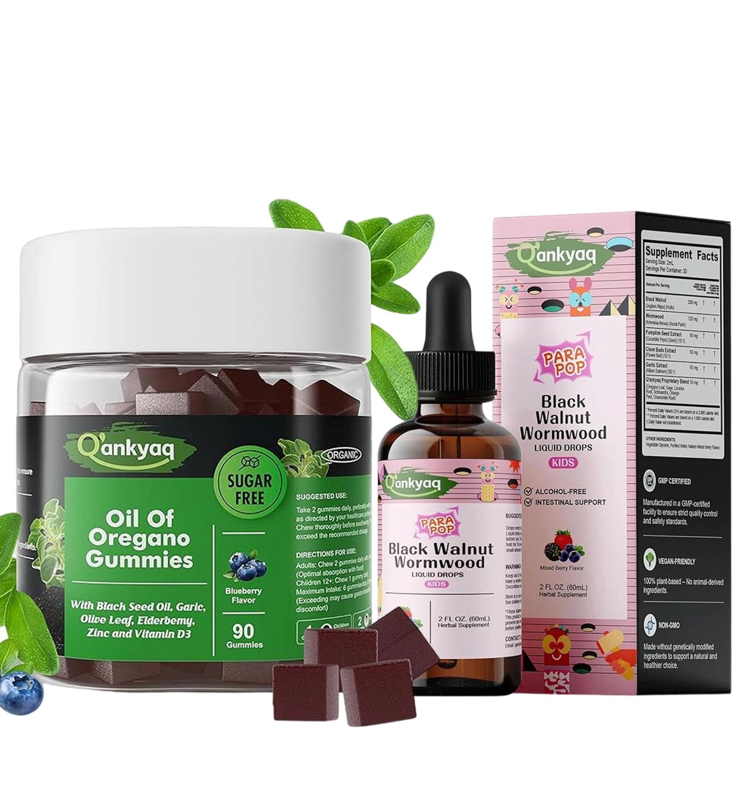 Q'ankyaq Oregano Oil with Black Seed Oil Organic Gummies and Detox Cleanse for Kids Liquid - Buy Online on GoSupps.com