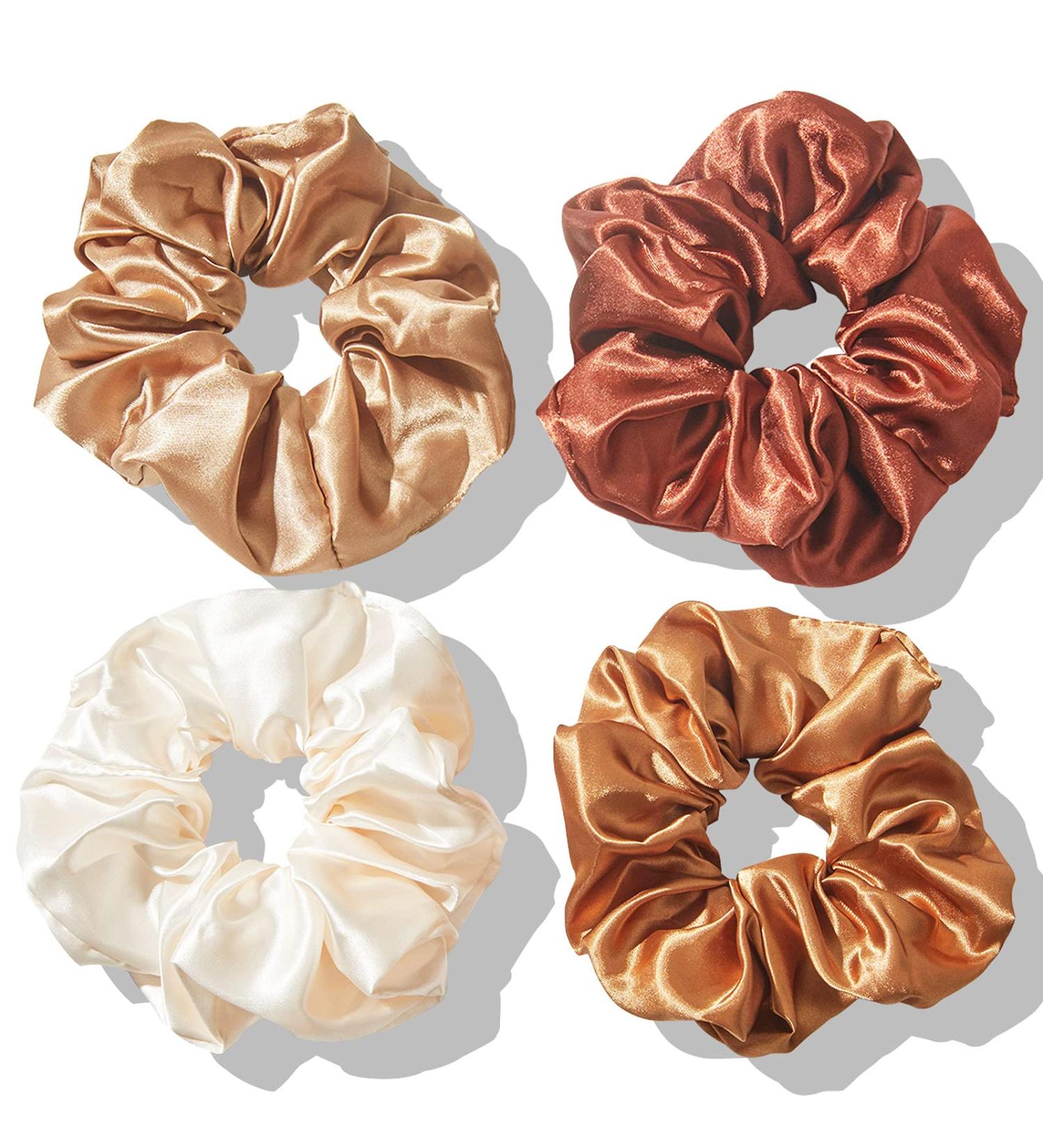 Satin Oversized Hair Scrunchies 4pcs Set - Soft Silk Elastic Ponytail Holders in Light Coffee and Dark Brown - Hair Accessories for Women and Girls - Buy Online on GoSupps.com