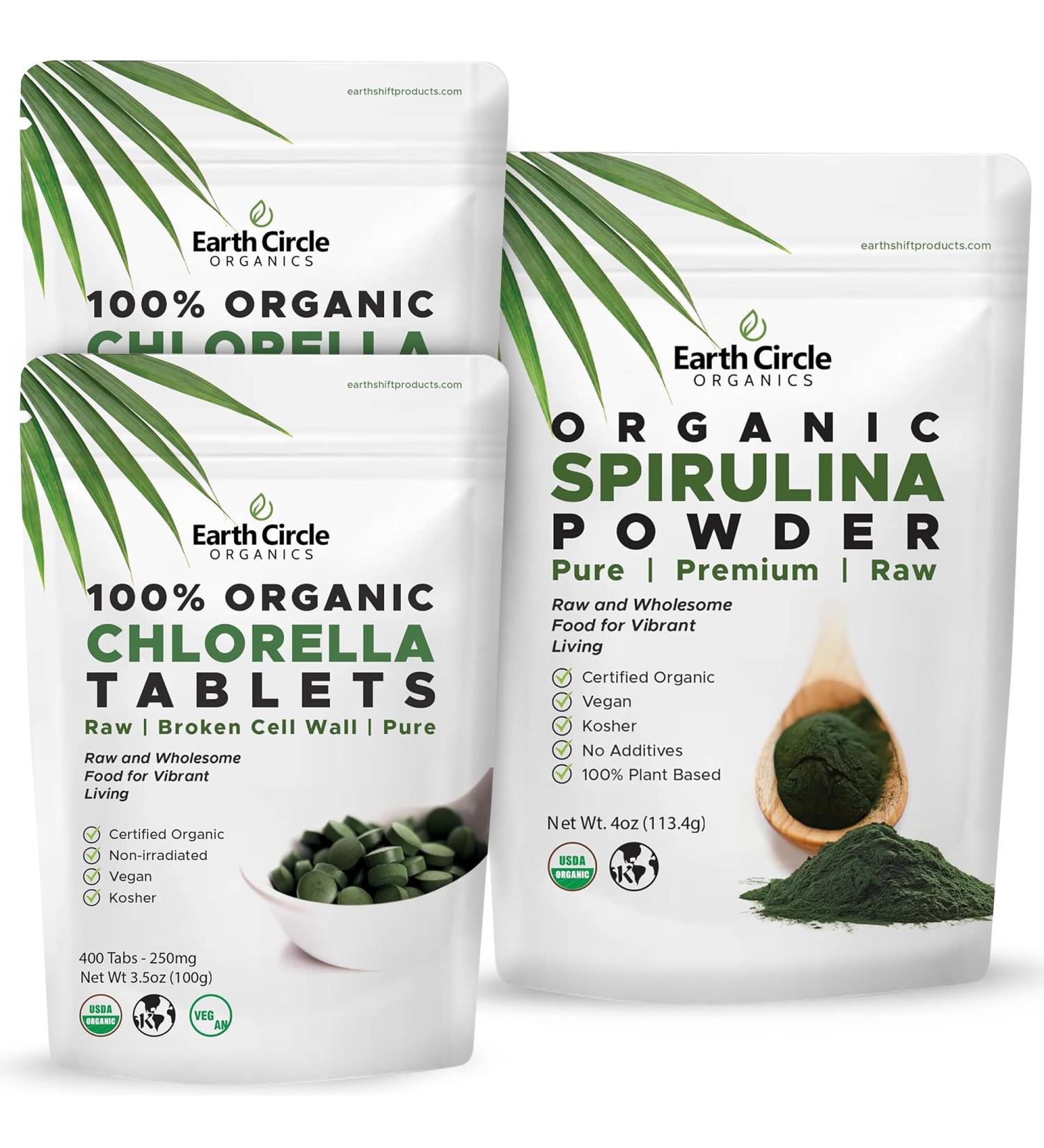 Earth Circle Organics Chlorella 400 Tablets (Pack of 2) and Spirulina Powder 4oz Bundle High Potency Vegan Superfood Supplement Packed with Protein Vitamins & Minerals for Daily Energy and Health - Buy Online on GoSupps.com