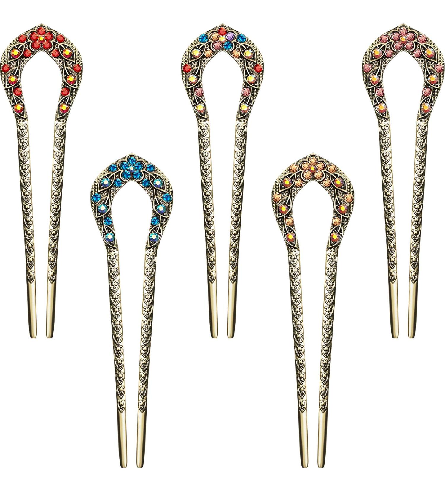 Vintage French Hair Pins Set - U Shaped Chignon Pin with Crystal Rhinestones for Women and Girls - Buy Online on GoSupps.com