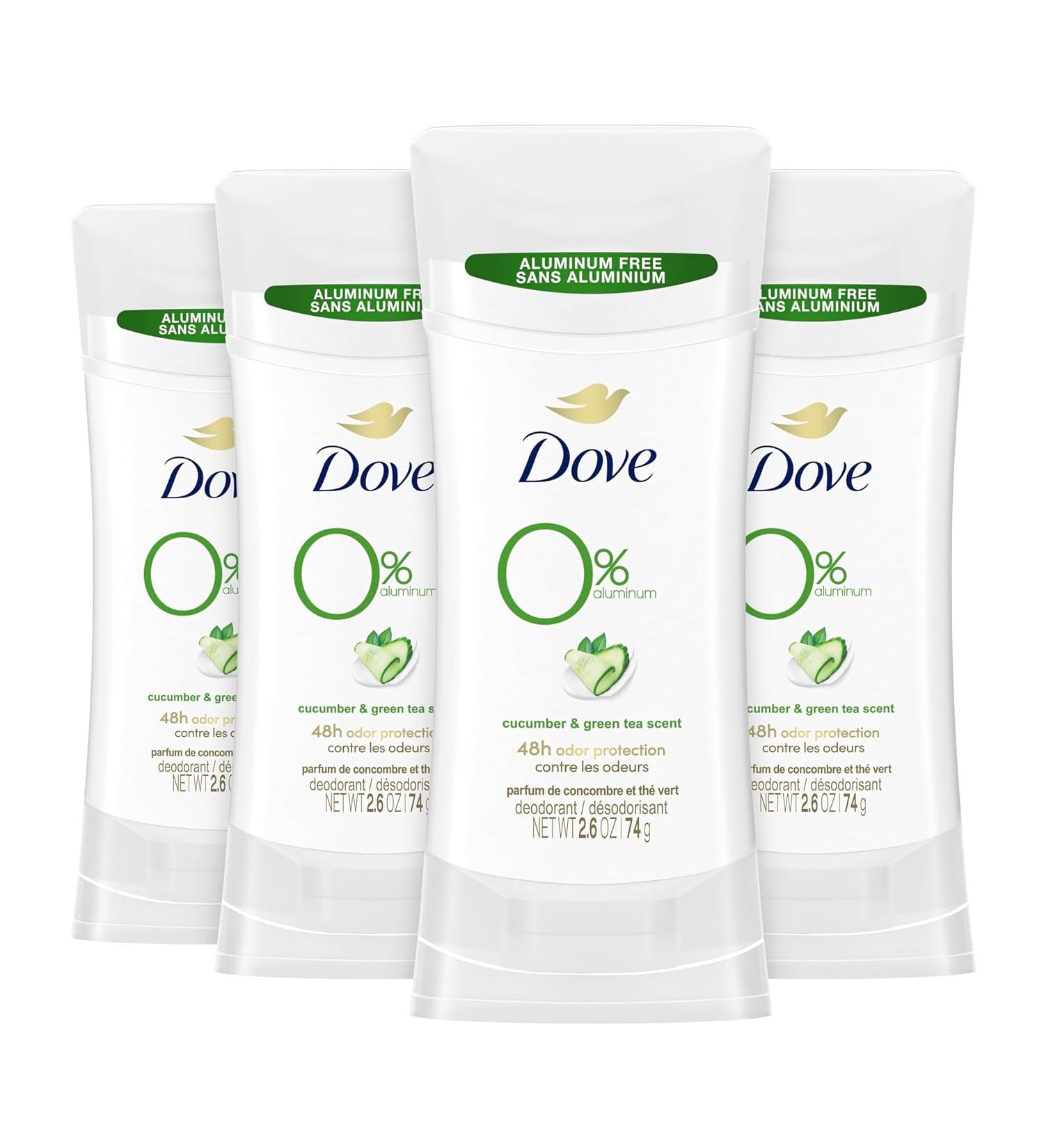 Dove 0% Aluminum Deodorant - Cucumber & Green Tea, 24H Odor Protection, 4 Count, 2.6 oz Each - Gentle, Alcohol-Free - Buy Online on GoSupps.com