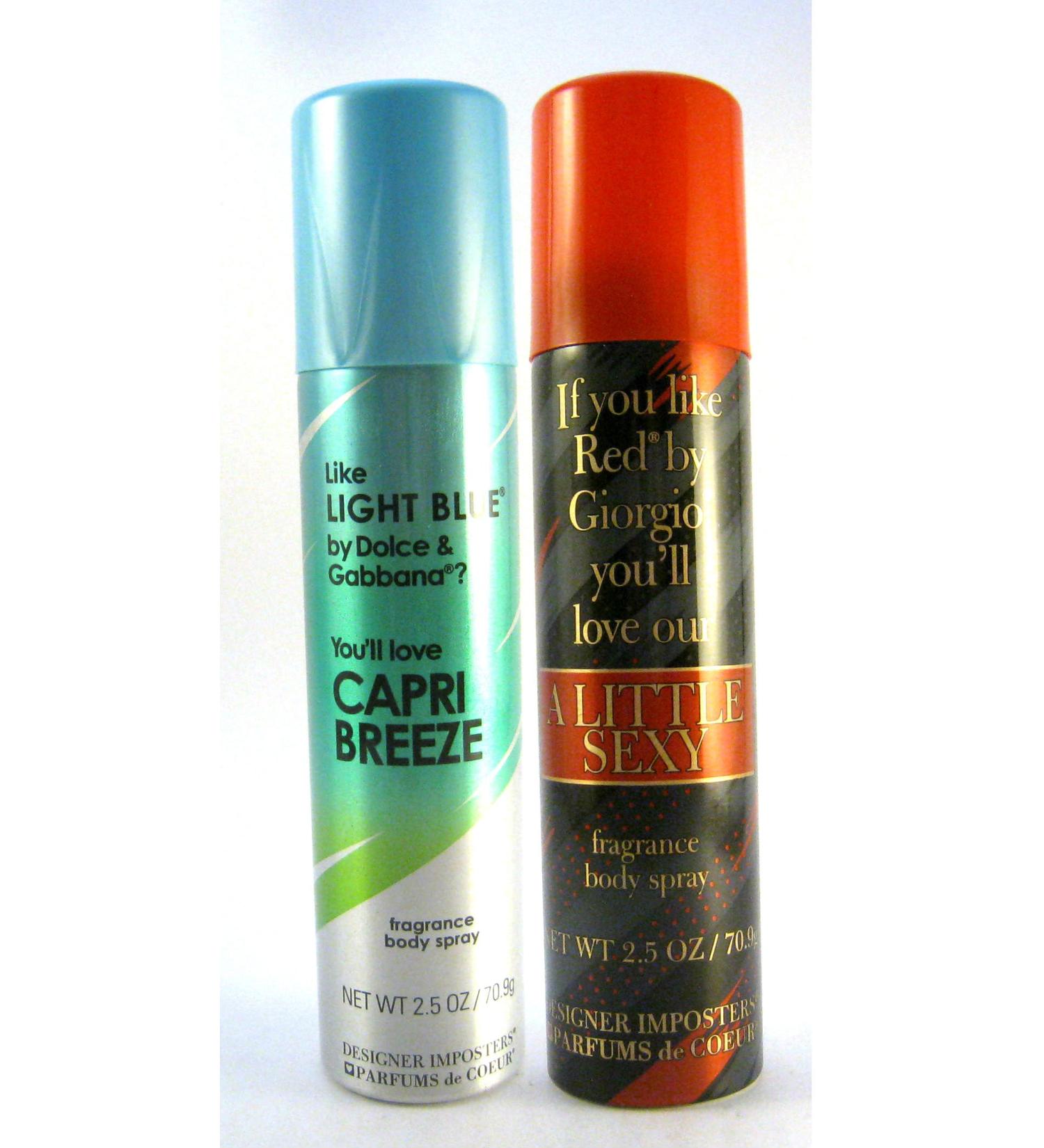 Parfums De Coeur Designer Imposters Women Body Spray 2.5 oz Bundle: (Capri Breeze/A Little Sexy)