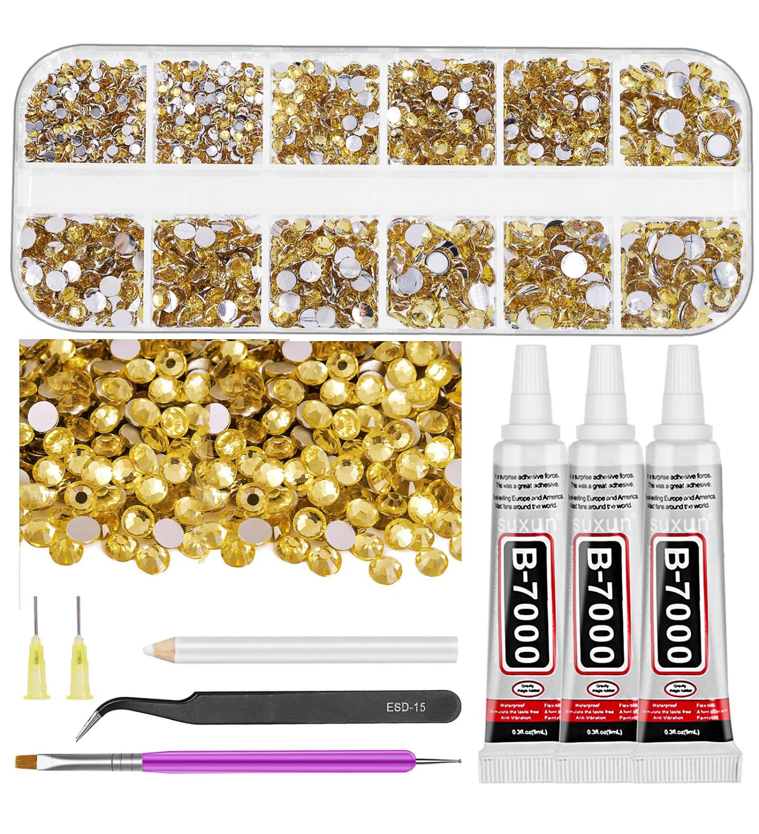 GLARKS B7000 Jewelry Adhesive Glue with Rhinestone Gems Kit 2600Pcs Yellow Rhinestones with Gems Adhesive Flat Back Gems Crystal Rhinestones with 6Pcs Dotting Tools for Craft Nail Art Gold - Buy Online on GoSupps.com