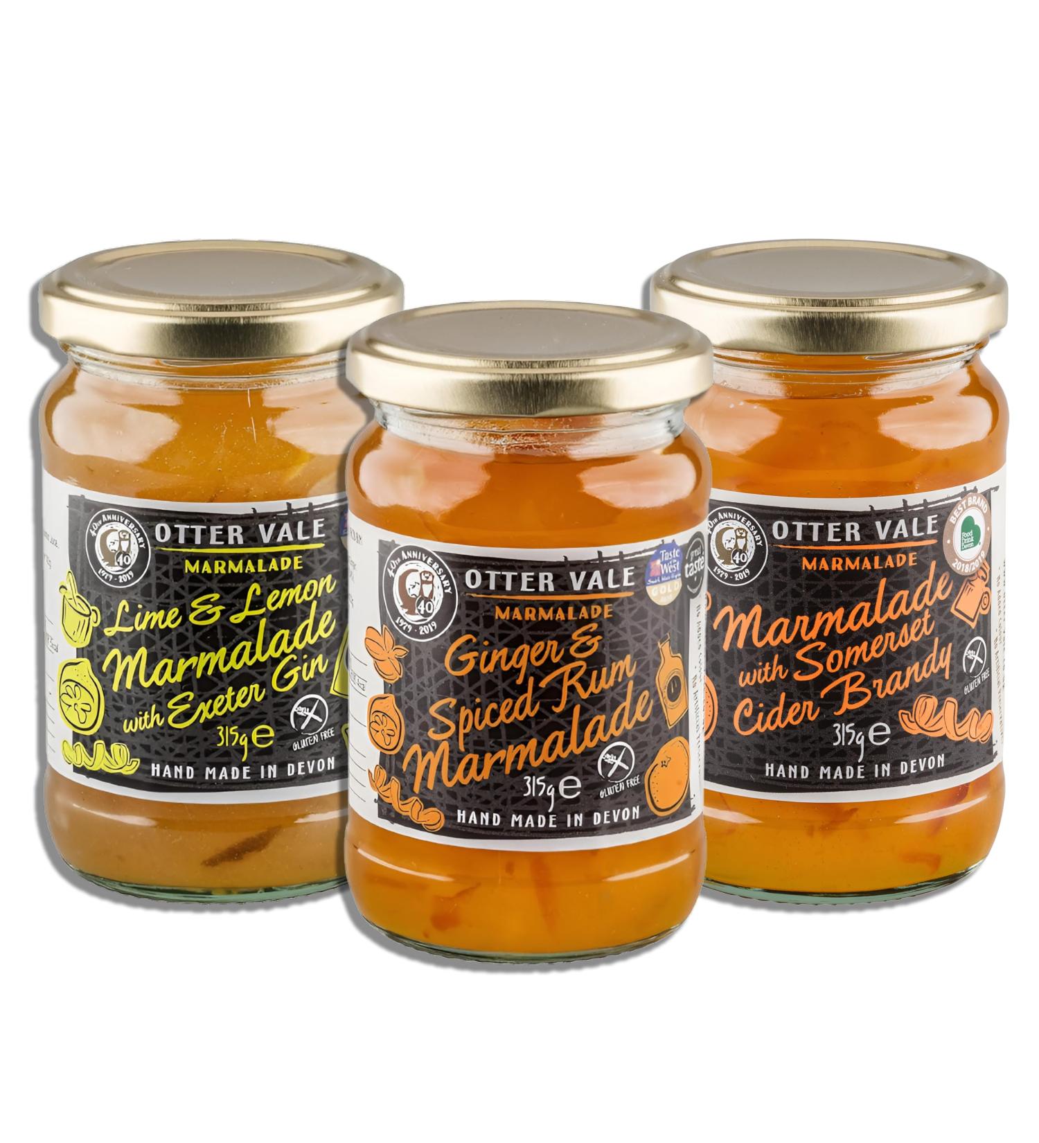 Otter Vale Marmalade & Chutney Pick N Mix | Choose From 3 Flavours | Ginger & Spiced Rum Lime & Lemon Marmalade-Exeter Gin Marmalade-Somerset Cider Brandy - Pack of 2 x 315g - Buy Online on GoSupps.com