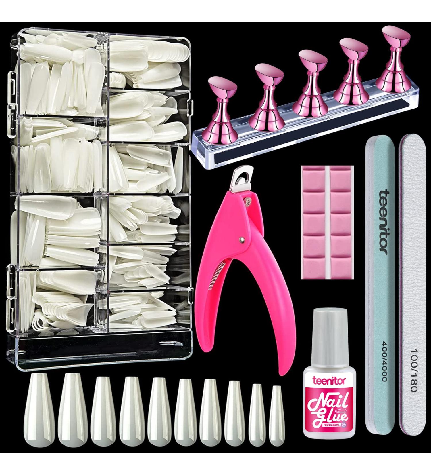 Teenitor Natural Coffin Nail Tips Kit: 600pcs Full Cover Acrylic Nails with Glue, Clipper & Stand for DIY False Nails - Buy Online on GoSupps.com