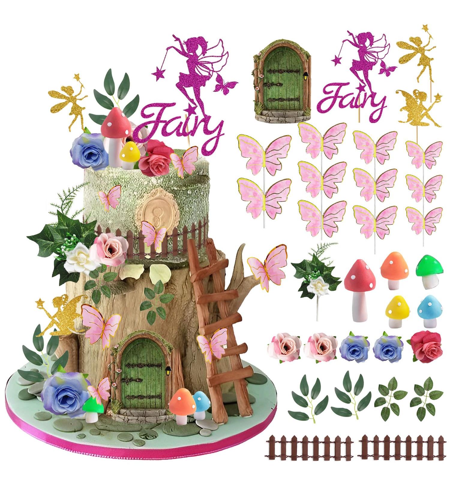 32PCS Fairy Cake Toppers Fairy Cake Decoration Pink Mushroom House Cake Decoration Butterfly Cake Decoration Fairy Garden Topper Fairy Party Supplies Favors for Fairy Birthday Party Baby Shower - Buy Online on GoSupps.com
