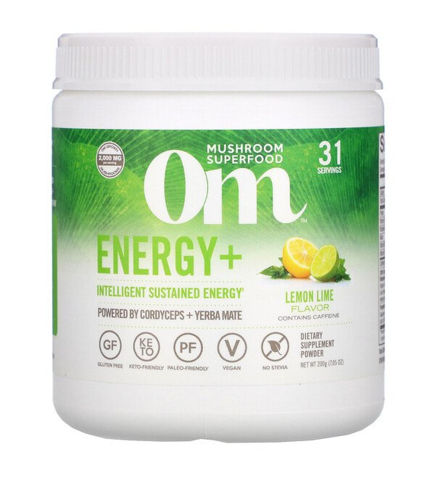 Om Mushrooms Energy+ Powered by Cordyceps + Yerba Mate Powder Lemon Lime 2000 mg 7.05 oz (200 g)