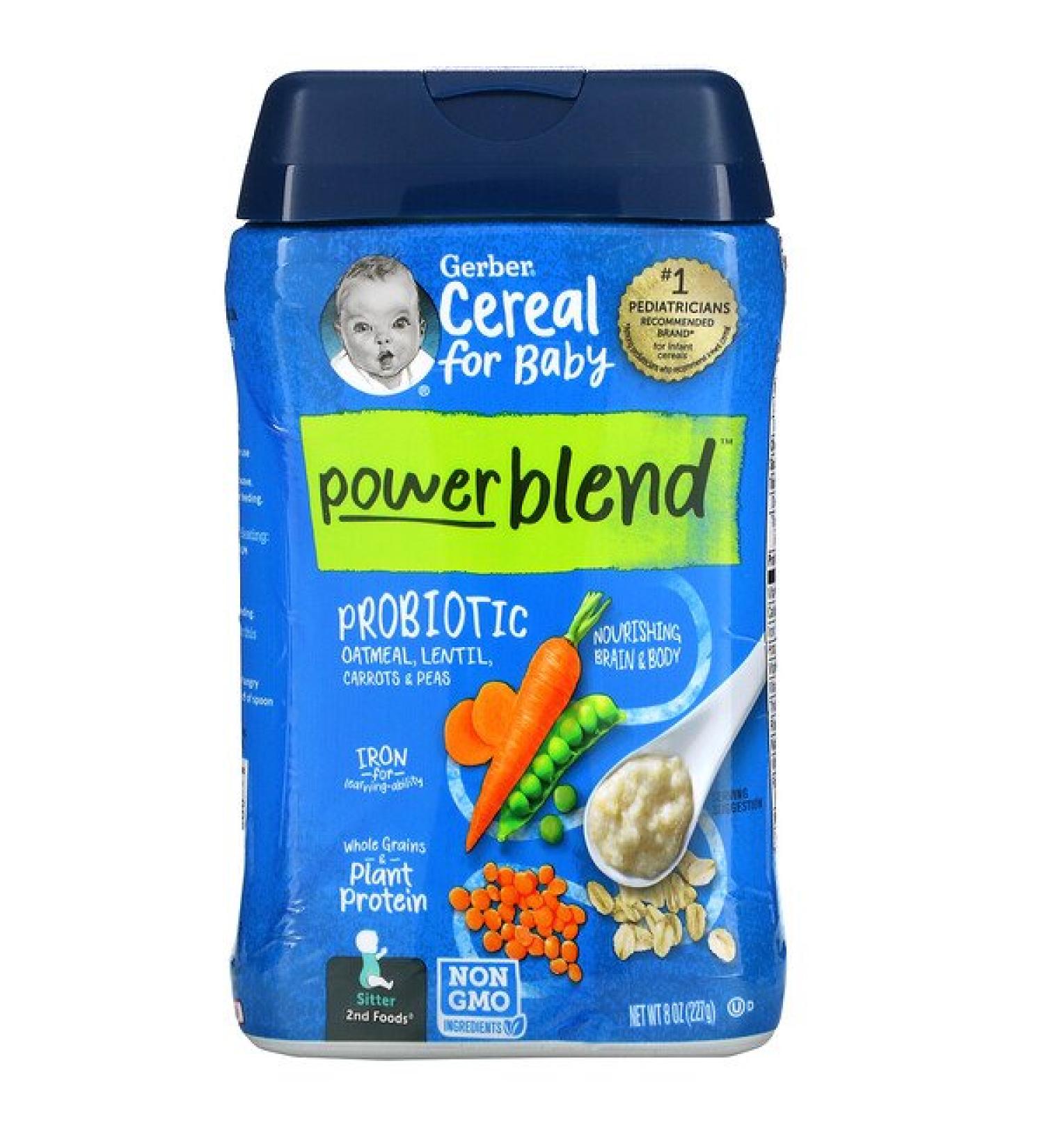 Gerber Powerblend Cereal for Baby Probiotic Oatmeal Lentil Carrots & Peas 2nd Foods 8 oz (227 g)