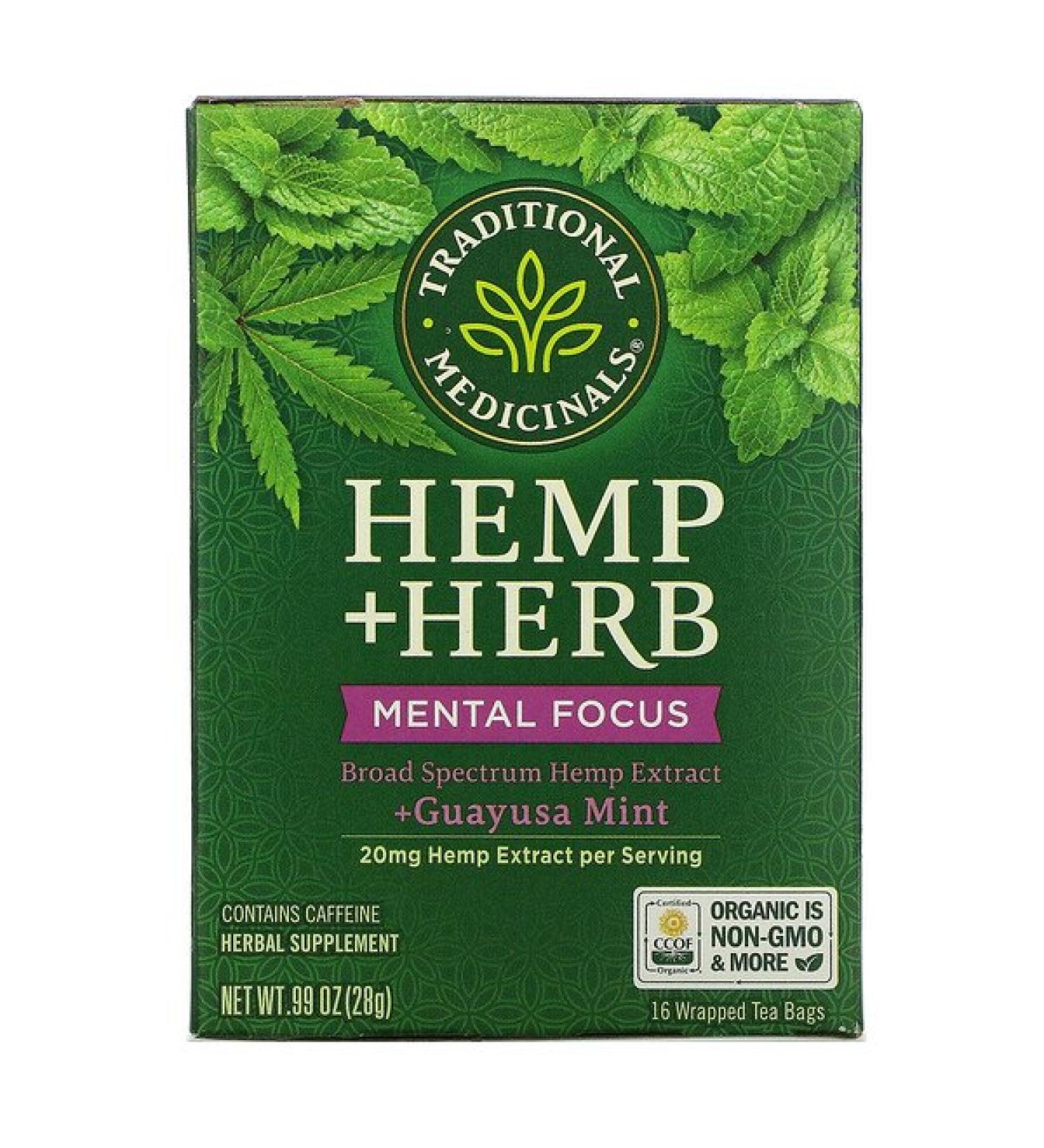 Traditional Medicinals Hemp+ Herb Mental Focus +Guayusa Mint 16 Wrapped Tea Bags .99 oz (28 g)