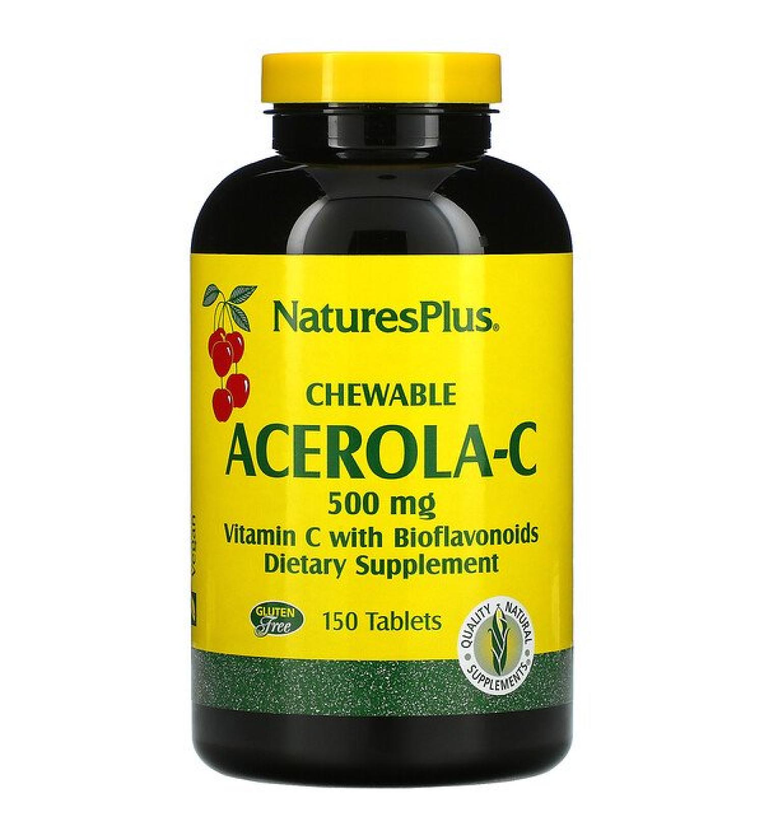Nature's Plus Chewable Acerola-C Vitamin C with Bioflavonoids 500 mg 150 Tablets