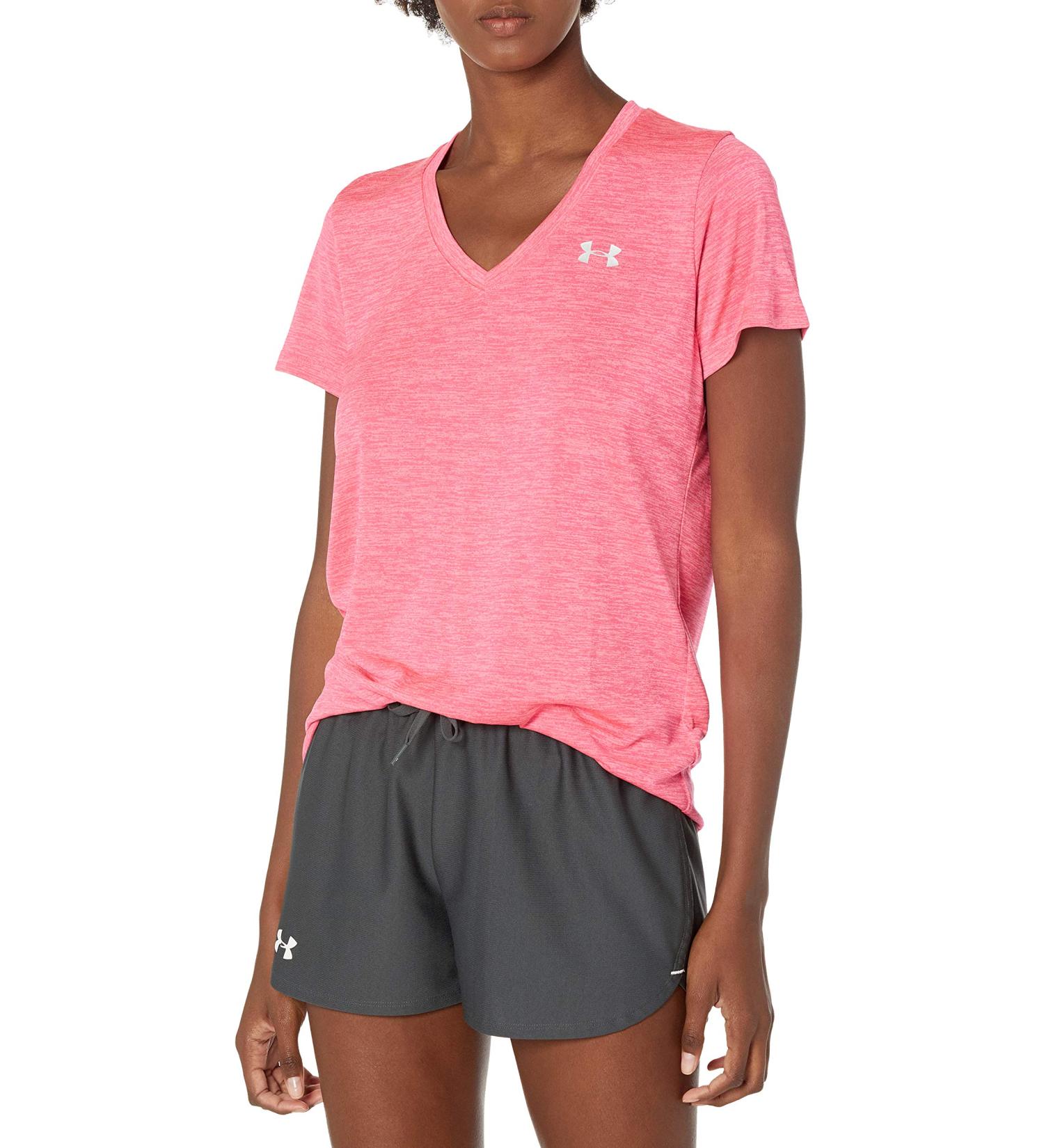 Under Armour Women's Tech V-Neck Twist T-Shirt - Cerise/Metallic Silver (X-Large) - Buy Online on GoSupps.com