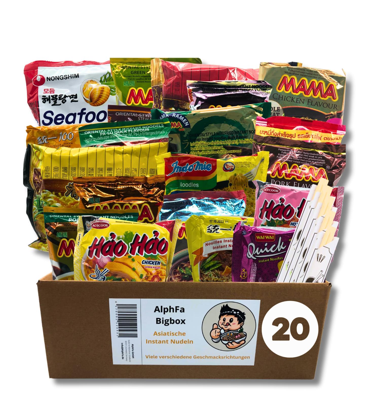 Alphfa Bigbox: 20 Asian Instant Pasta & Ramen Soups - Perfect Gift Box with Chicken Beef & Shrimp Varieties - Buy Online on GoSupps.com