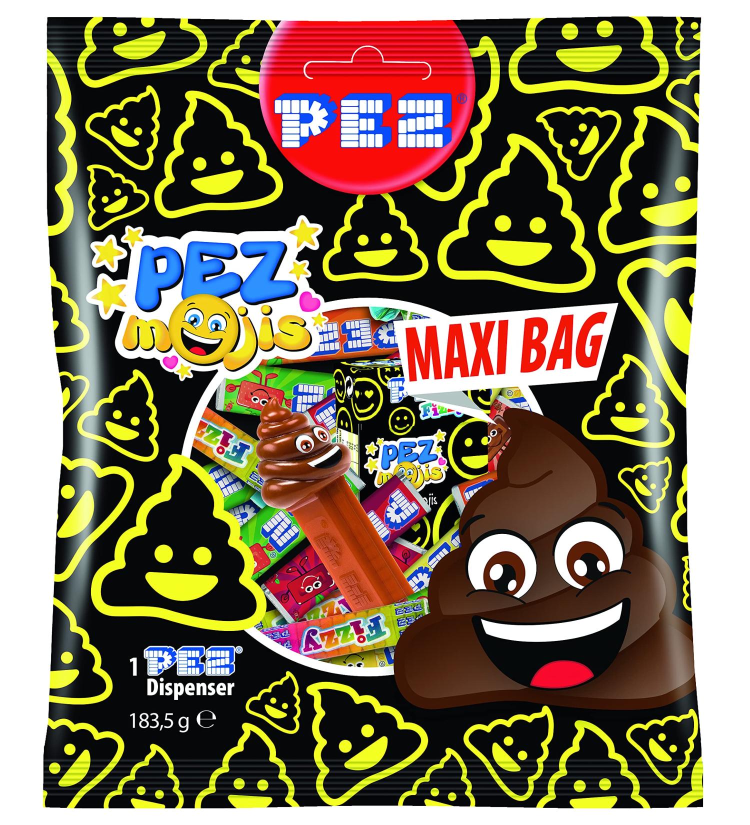 PEZ Maxi Pezmojis Design Sachet 183g PEZ Dispenser + 6 Fruit Refills + 5 Cola Refills + 10 Fizzy Rolls + Mini Box of 30 Fruit - Buy Online on GoSupps.com