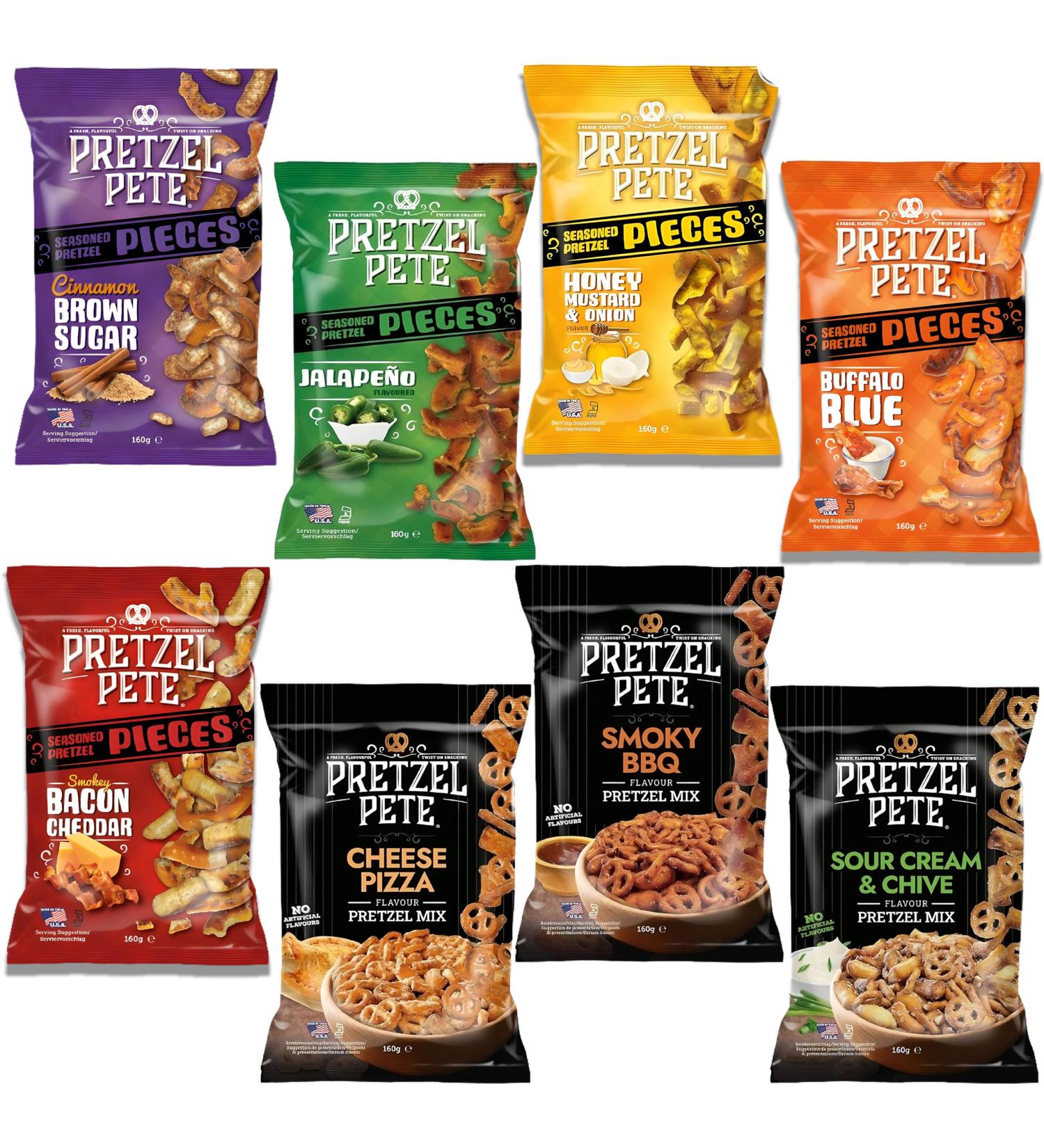Pretzel Pete Pieces Pretzel Snack Pick N Mix | Choose From 8 Flavours | Buffalo Blue Cheese Pizza Cinnamon Honey Mustard Jalapeno Smokey Bacon BBQ Sour - Pack of 2 X 160g - Buy Online on GoSupps.com