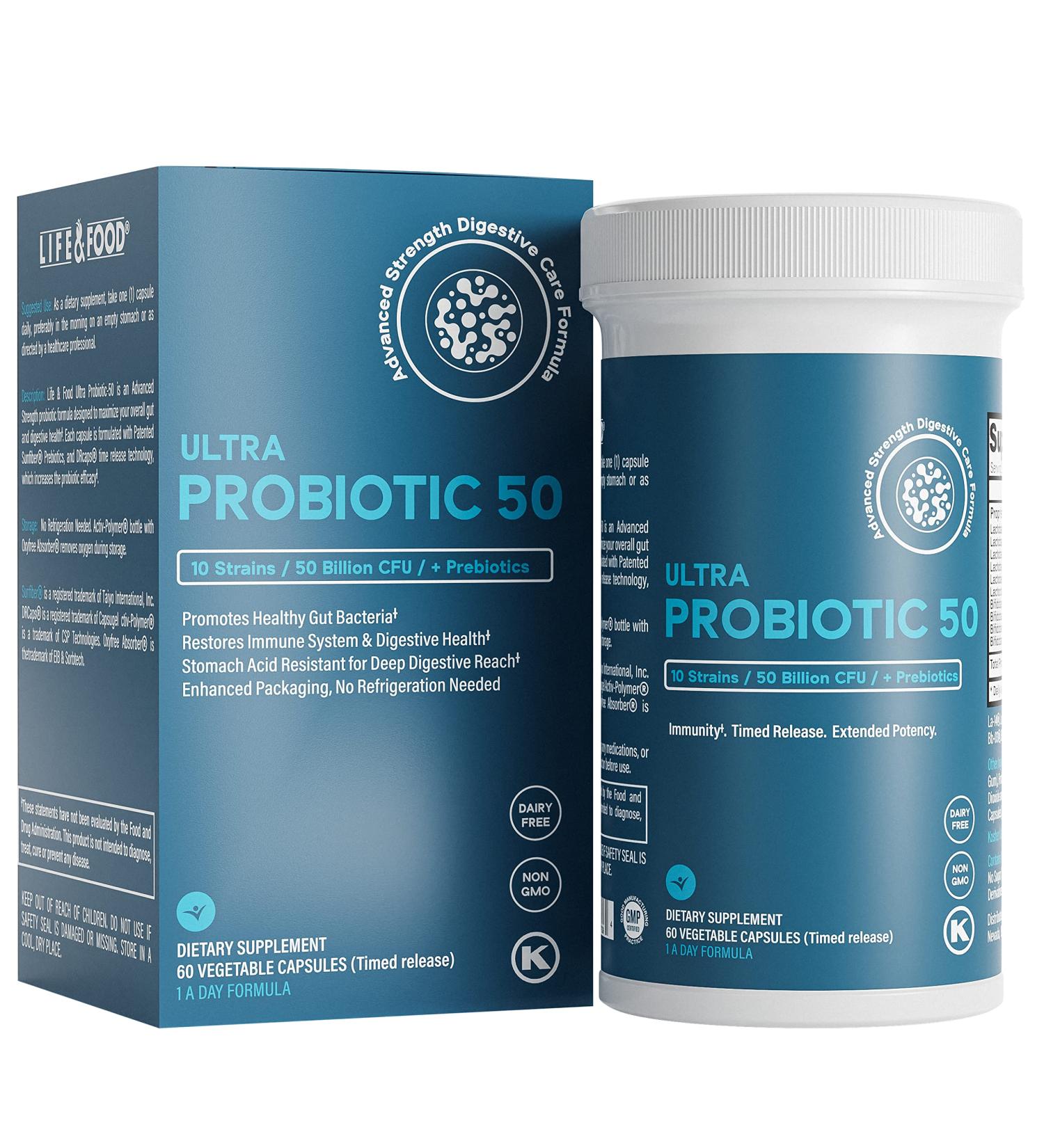 Life & Food Ultra Probiotic 50 Billion CFU w/Sunfiber Prebiotics - Once Daily Time Release Caps Shelf Life Protection (60ct) 1 Count (Pack of 60) - Buy Online on GoSupps.com