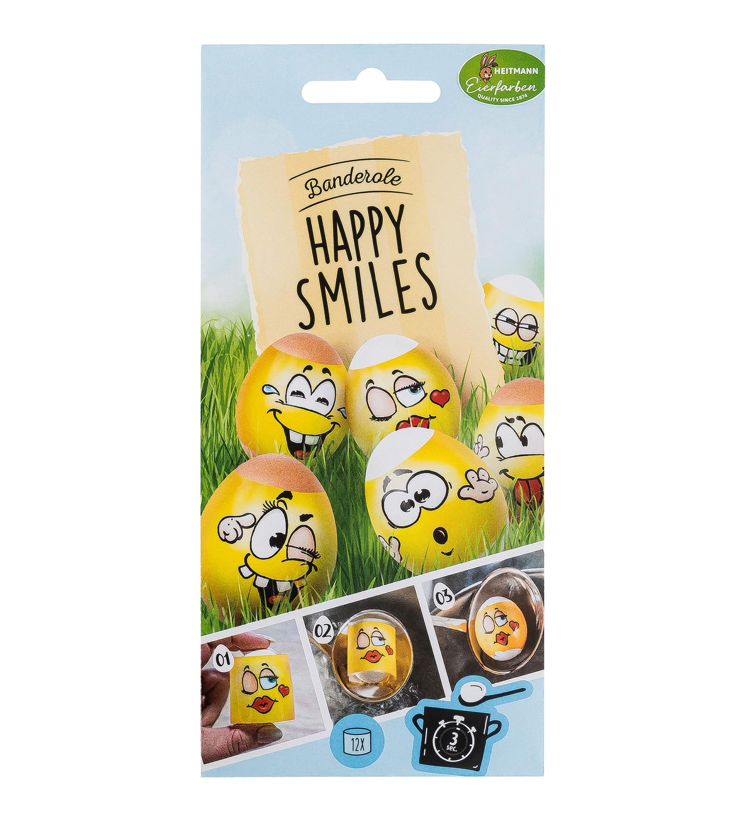Heitmann Eierfarben - Banderole Happy Smiles - 12 Sleeves in 6 Designs
