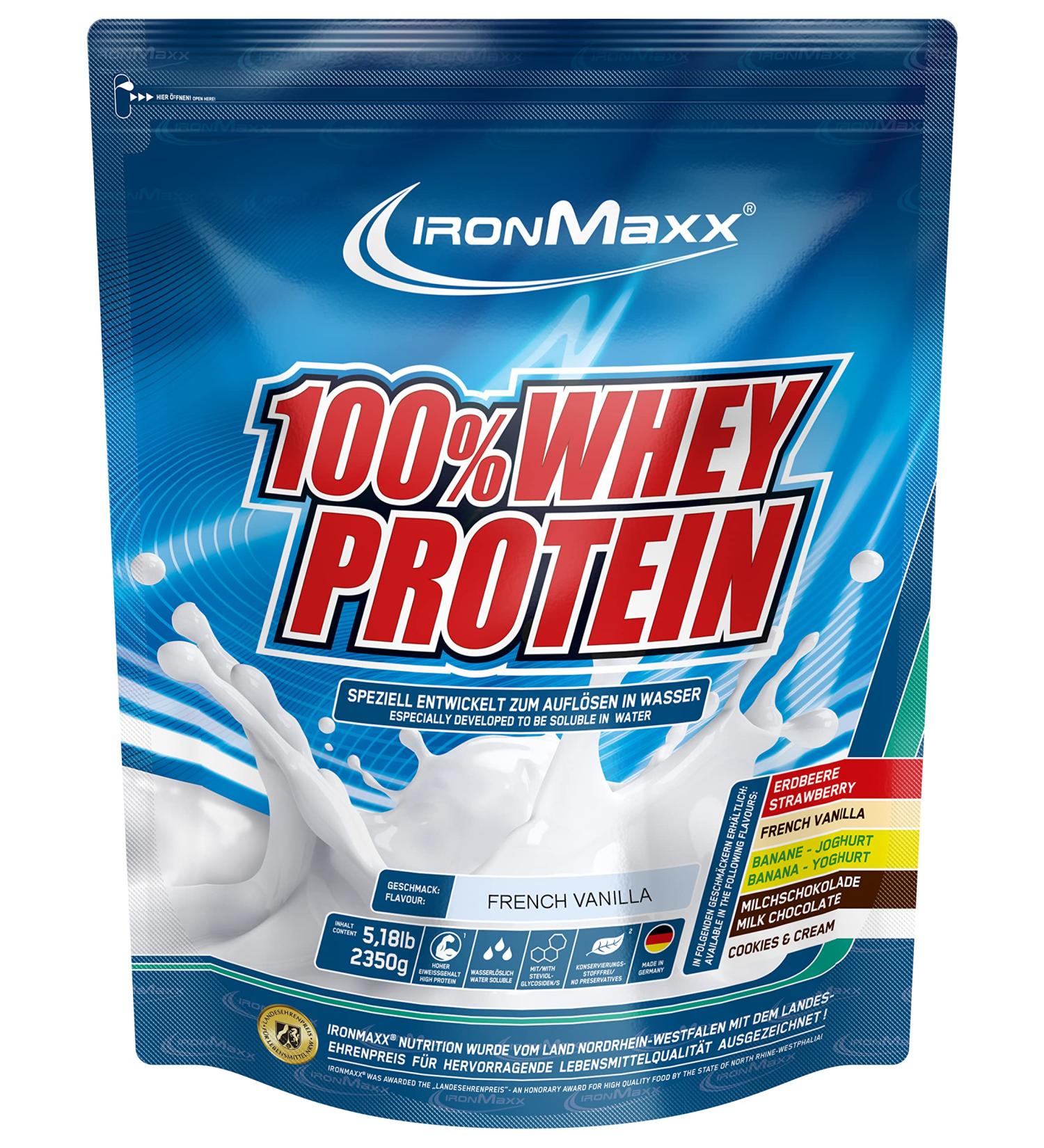 Ironmaxx 100% Whey Protein Powder - French Vanilla 2.35kg | Water-Soluble Low Sugar & Flavor Variety - Buy Online on GoSupps.com