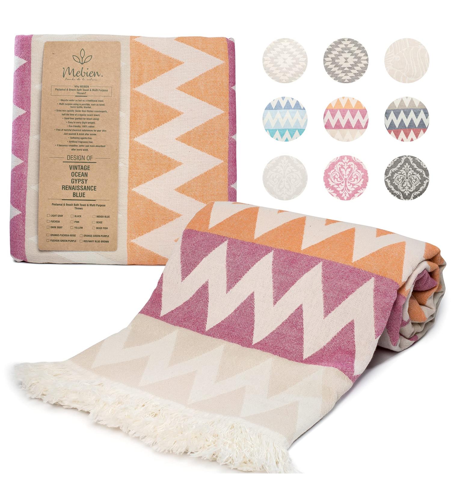 Mebien Turkish Towels Oversized (35x67) Zig Zag Orange Fuchsia Beach Towel - Quick Dry, Sand Free & 100% Cotton - Buy Online on GoSupps.com
