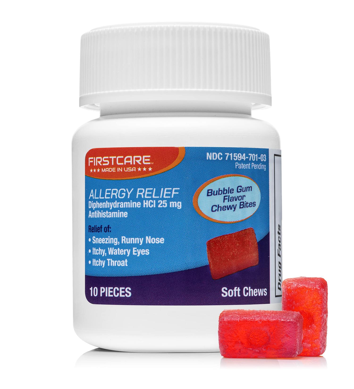 FirstCare 25MG Allergy Relief Soft Chews 10 Count - Bubble Gum Flavor - Buy Online on GoSupps.com