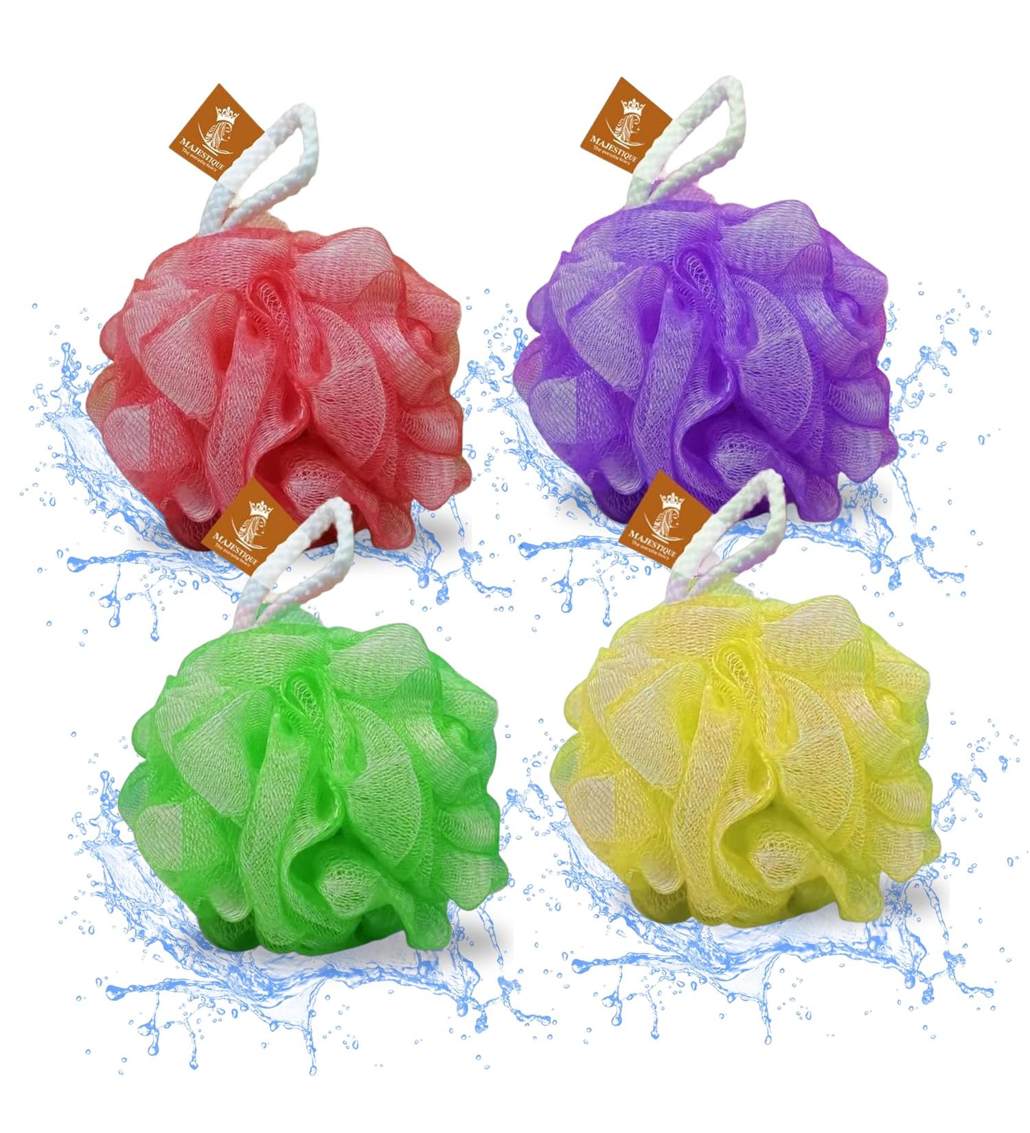 Majestique Bath Shower Loofah Sponge Set of 4 | Exfoliating Body Scrubber for Men & Women | 50g Mesh Pouf Shower Ball - Buy Online on GoSupps.com