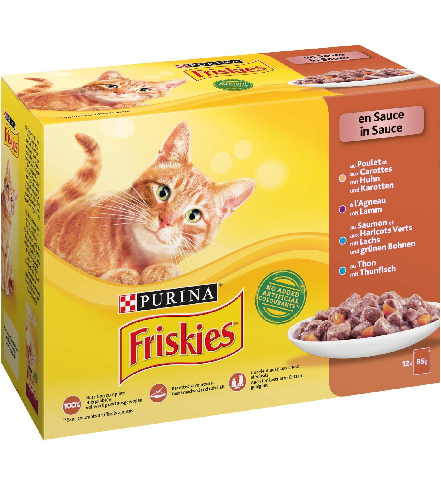 Purina Friskies in chickencarrot sauce with lamb with salmon green beans with tuna 12 x 85 g - Buy Online on GoSupps.com