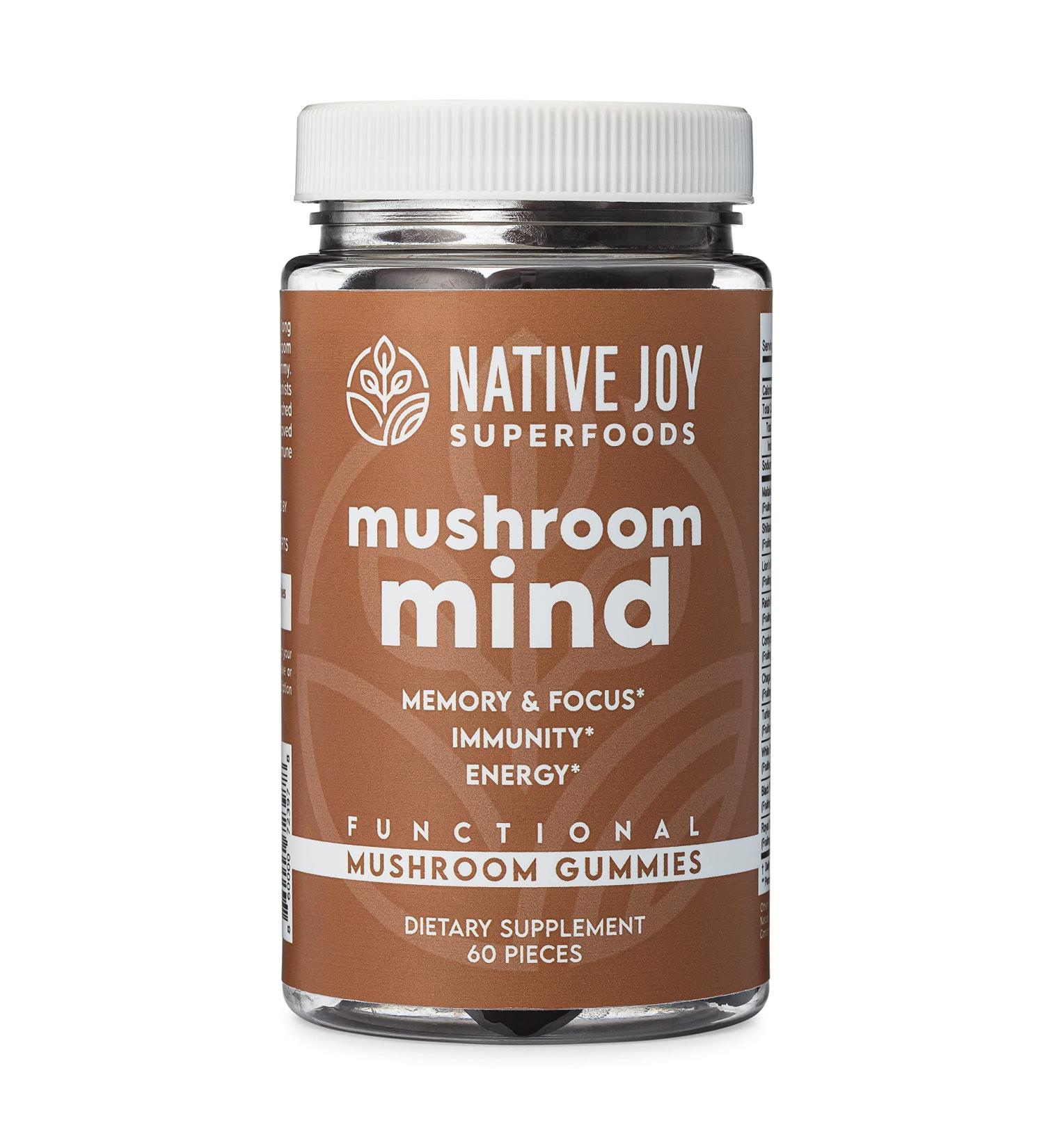 Native Joy Mushroom Mind Gummies - Immune System & Brain Boost - Lions Mane, Cordyceps, Reishi - Natural Energy & Focus - 60 Count - Buy Online on GoSupps.com