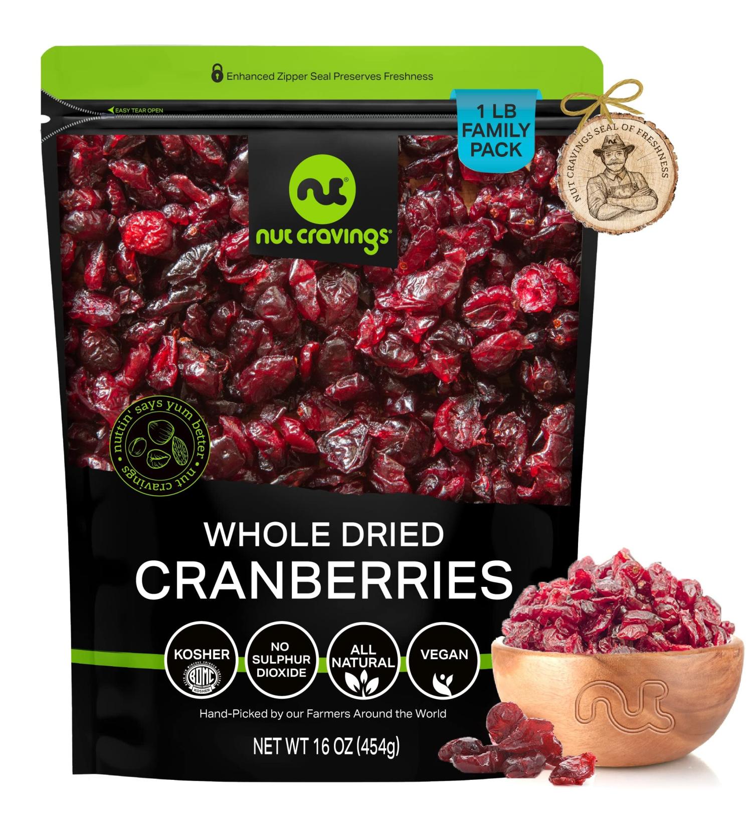 Sun Dried Whole Cranberries 16oz - Sweetened Dehydrated Fruit Snack | All Natural, Vegan, Kosher Certified - Buy Online on GoSupps.com