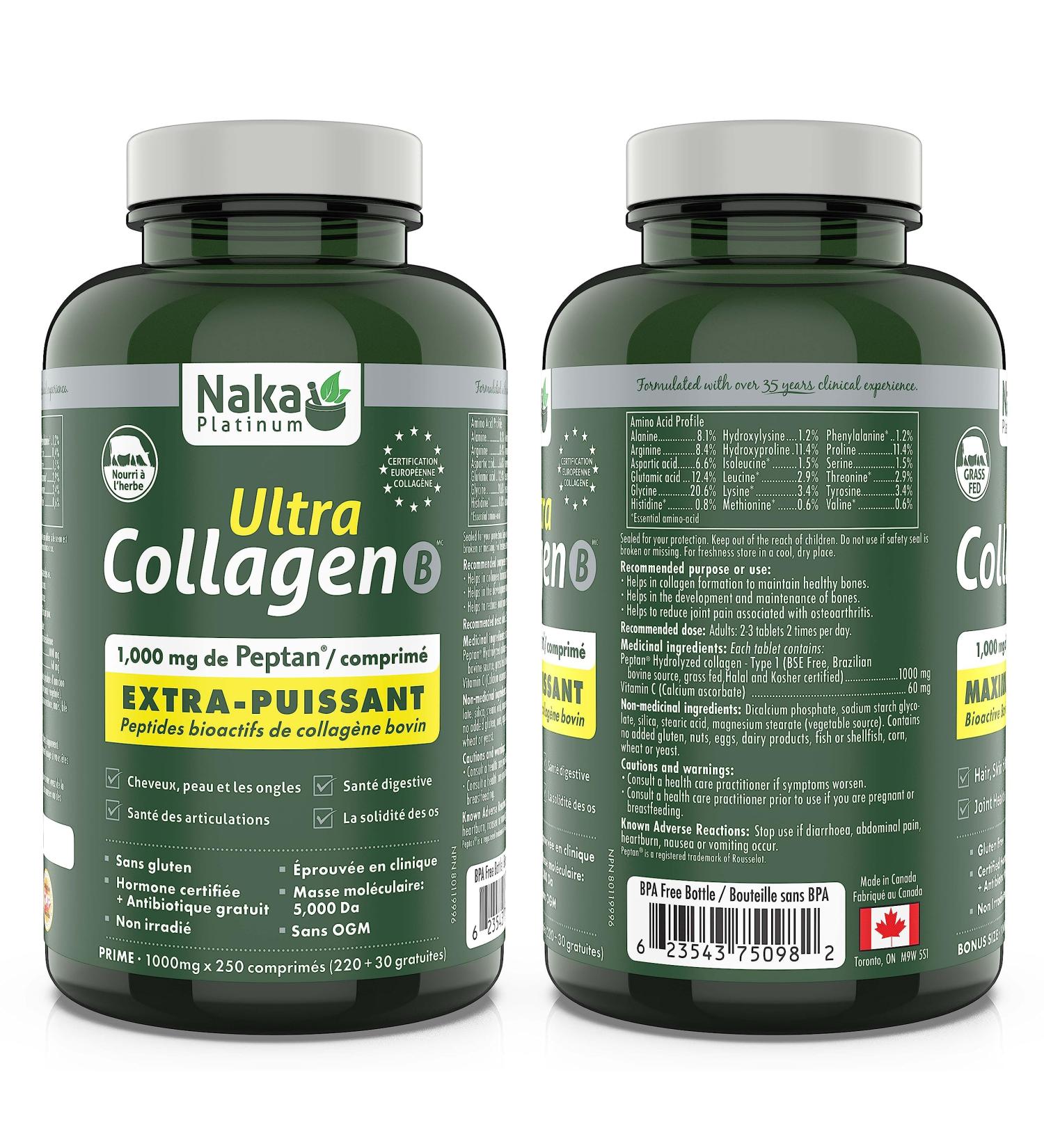 Naka Platinum Ultra Collagen featuring 1000 mg of Peptain each tablet Maximum Potency Bioactive Bovine Collagen Peptides. For Skin Nails Bones and Joints (250 tabs) - Buy Online on GoSupps.com