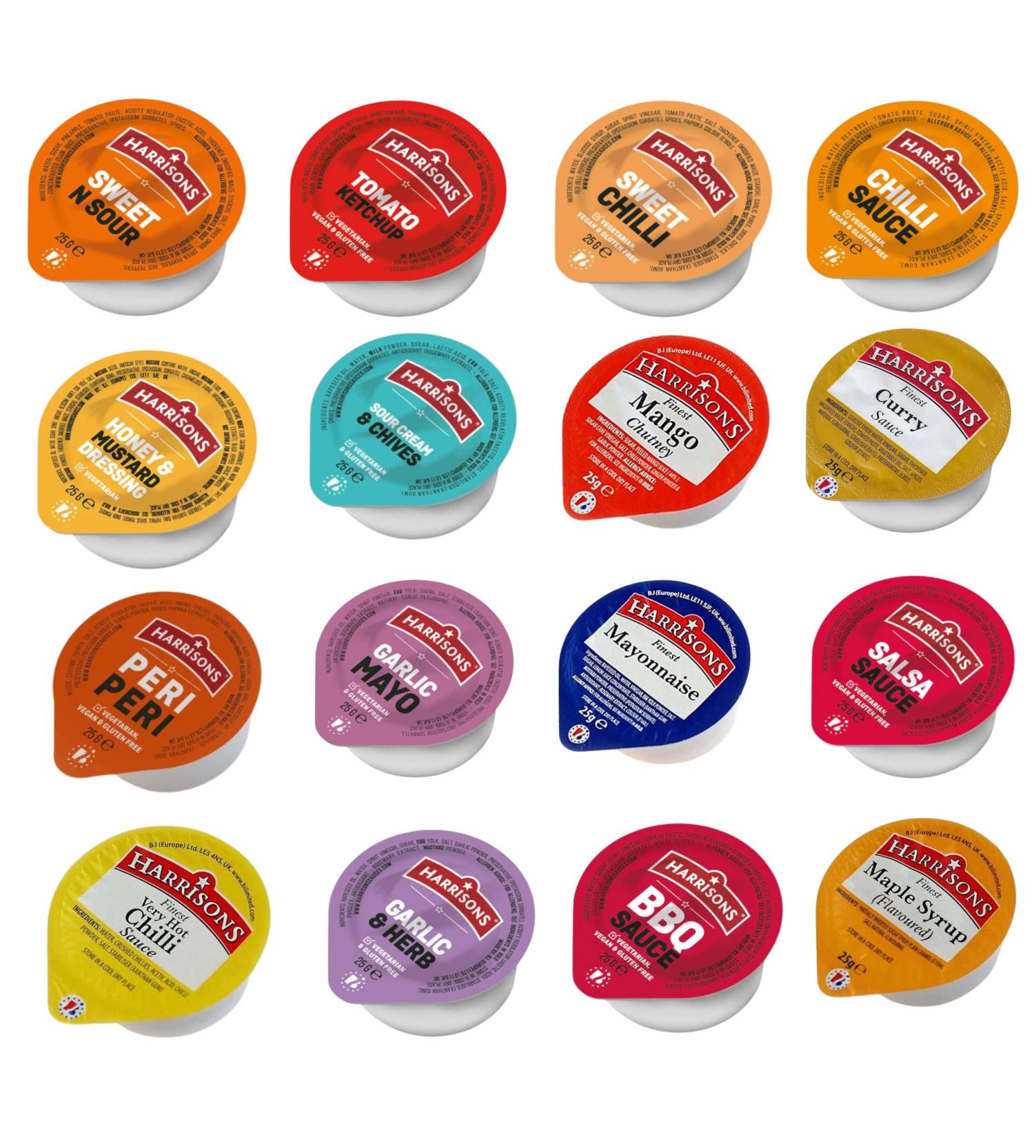 Harrisons Sauce Mayonnaise Mustard Pick N Mix | Choose 5 from 16 Flavours | Tomato Ketchup Barbecue Chilli Garlic & Herb Sour Cream & Chives - Pack of 150 X 25g (30 of Each) - Buy Online on GoSupps.com