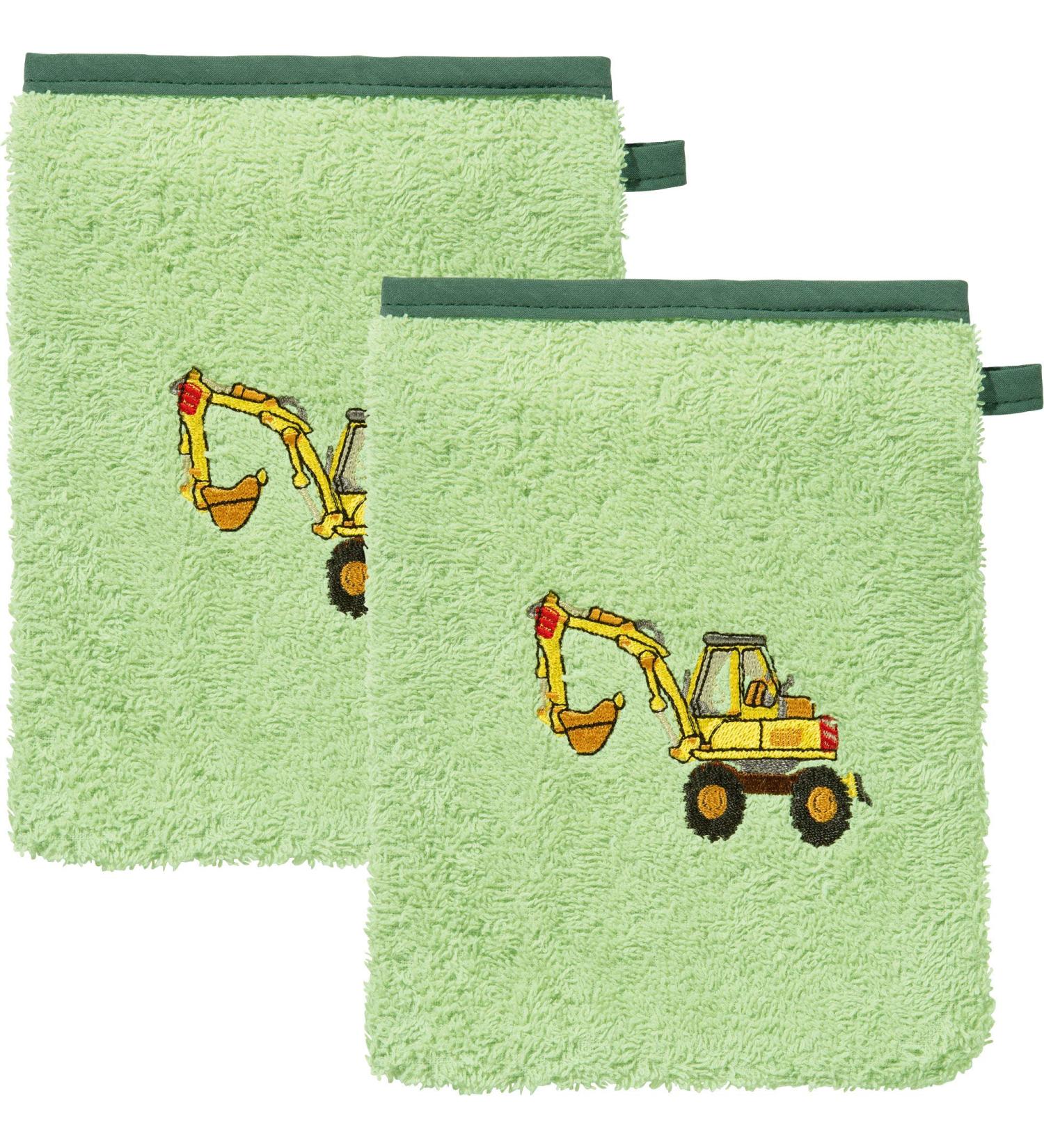 Erwin M ller Children's Waschrot Washy Pack Tractor excavator green size 15x21 cm-100% cotton with high-quality embroidery motif washing glove |15x21 cm green