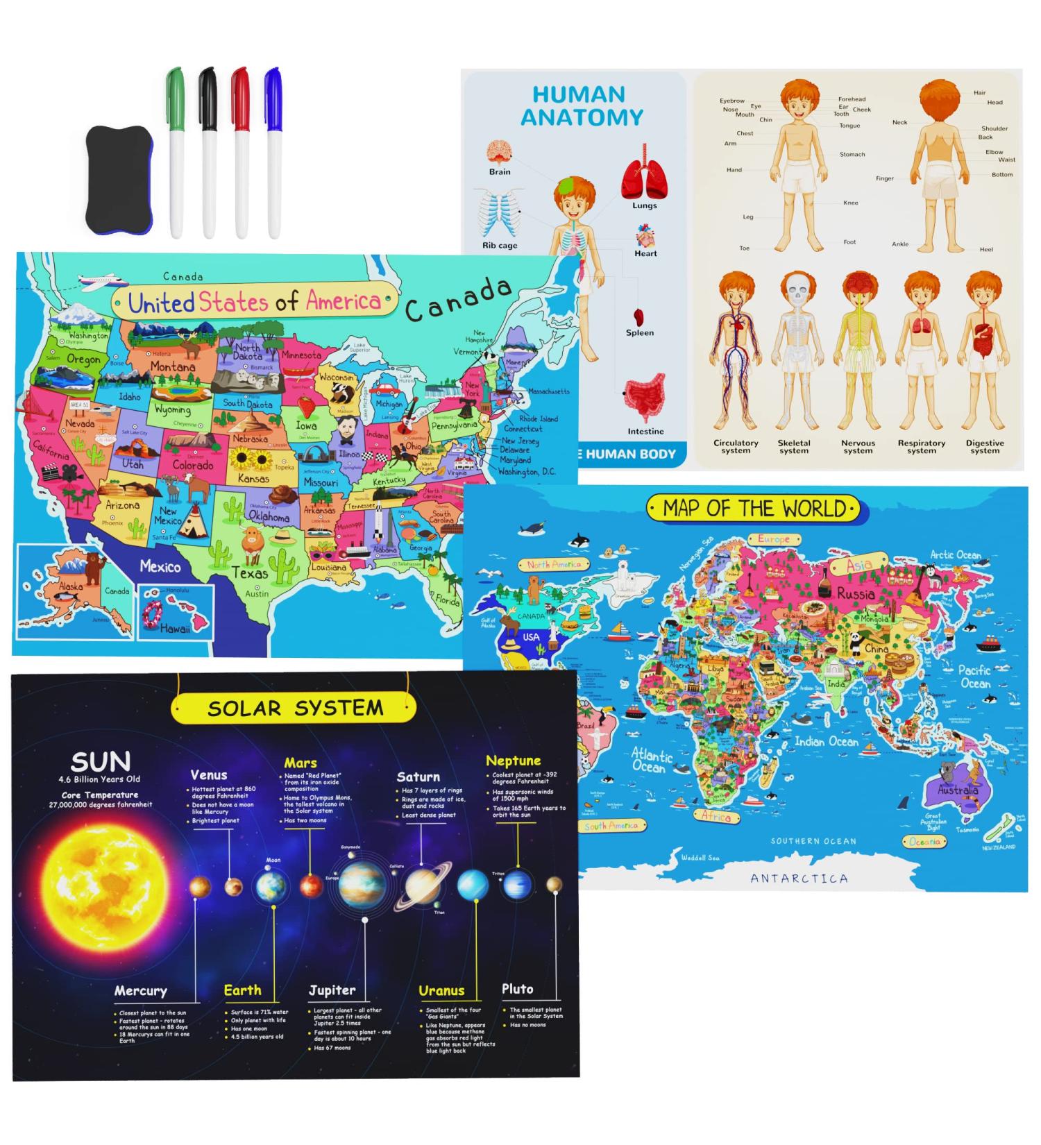 Kids Learning Placemats Set | 4 Wipe Clean Mats with Markers and Eraser | Educational Non Slip Silicone Mats for Science, Solar System, Anatomy & US Map - Buy Online on GoSupps.com