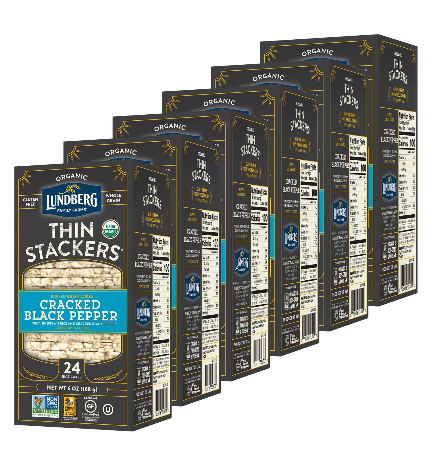 Lundberg Organic Thin Stackers Cracked Black Pepper Rice Cakes 6 oz (Pack of 6) - Gluten-Free, Vegan & Healthy Snacks - Buy Online on GoSupps.com