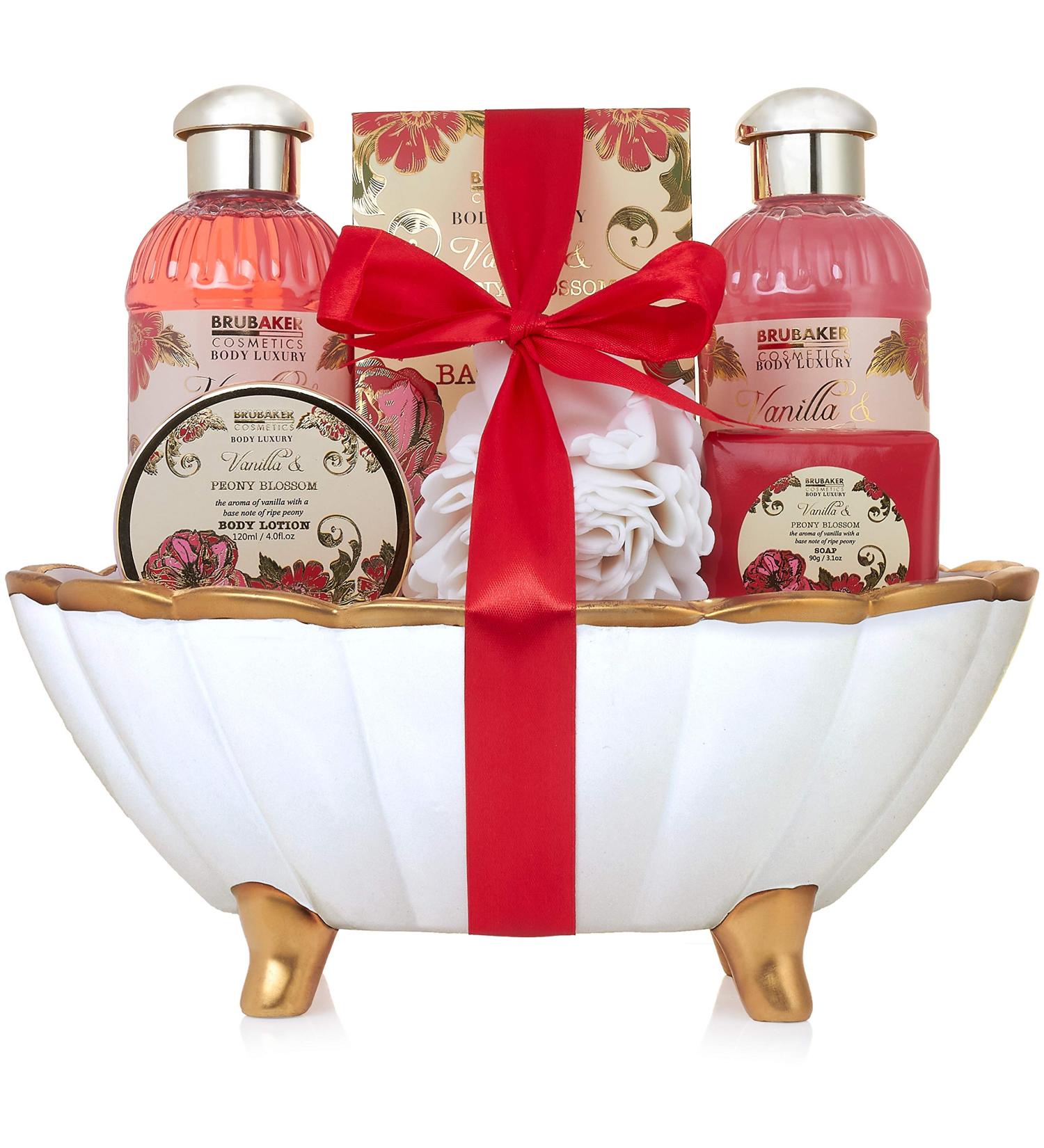 BRUBAKER Cosmetics Bath Gift Set - Peony & Vanilla 7-Piece with Ceramic Shell Tub | Perfect for Relaxation & Self-Care - Buy Online on GoSupps.com