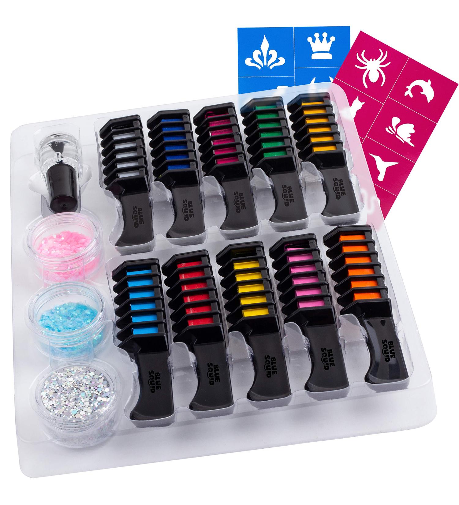Blue Squid Hair Chalk Combs for Girls | Temporary Vibrant Hair Color | Washable Dye | Teenage Girls Gifts | 16 Piece Set with Glitter Tattoo | Ages 6-12 - Buy Online on GoSupps.com