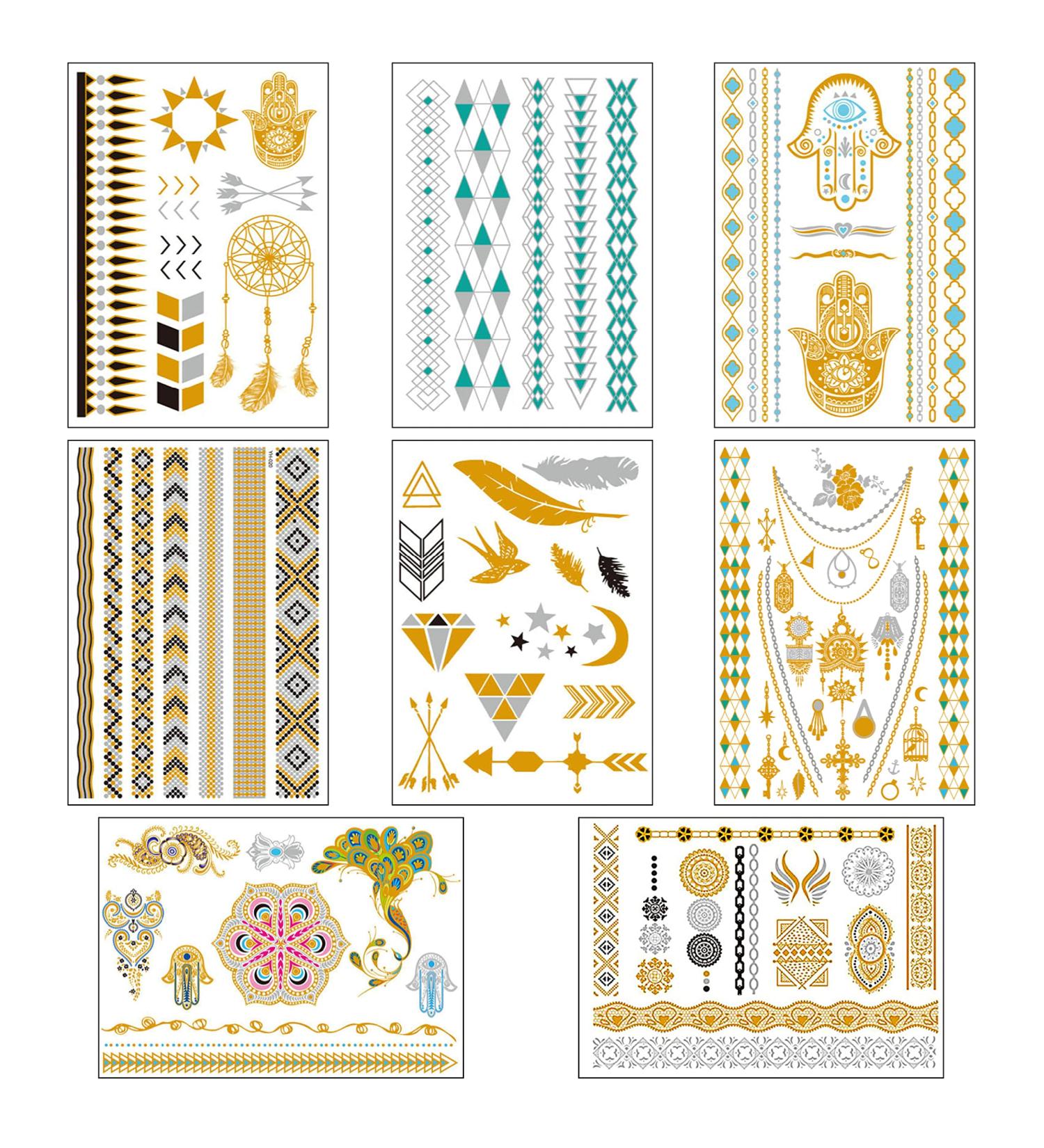 8 Sheets Metallic Temporary Tattoos for Women Teens Girls - Gold Silver Glitter Shimmer Designs - 100+ Color Flash Waterproof Tattoo Stickers - Caicos - Buy Online on GoSupps.com