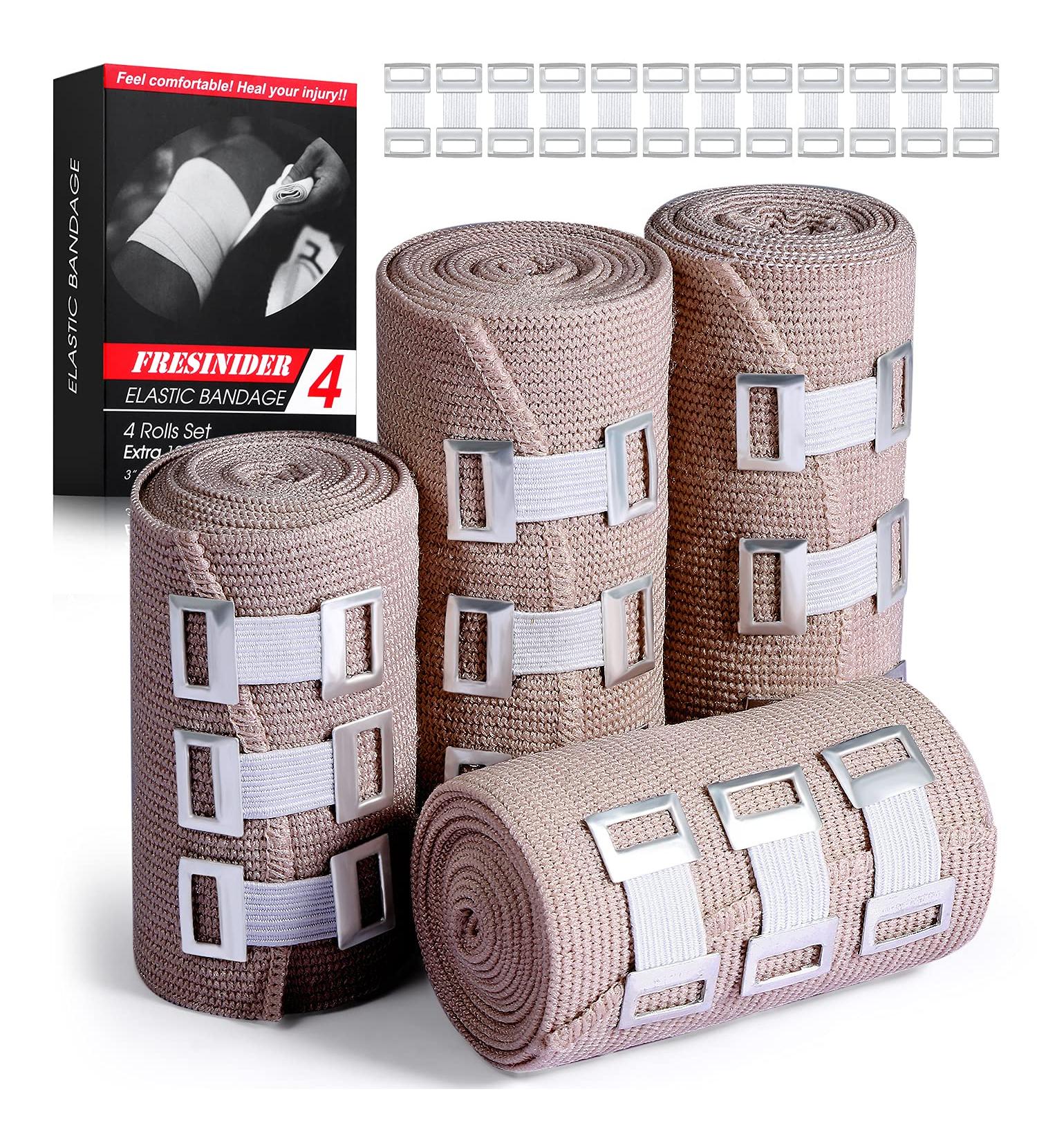 FRESINIDER Elastic Bandage Wrap 4 Pack (2 X 3 + 2 X 4 Wide Rolls) + 24 Clips | Stretch Compression Bandage Up to 15ft | Ideal for Medical, Sports, Sprains | Calf, Ankle & Foot Support - 4 Count - Buy Online on GoSupps.com
