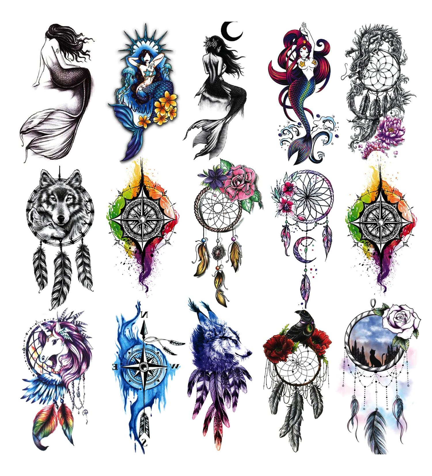 Indian Dream Catcher Feather Mermaid Half Arm Sleeve Waterproof Temporary Tattoos - 15 Sheets for Girls, Women, Quinceanera, Masquerade - Buy Online on GoSupps.com