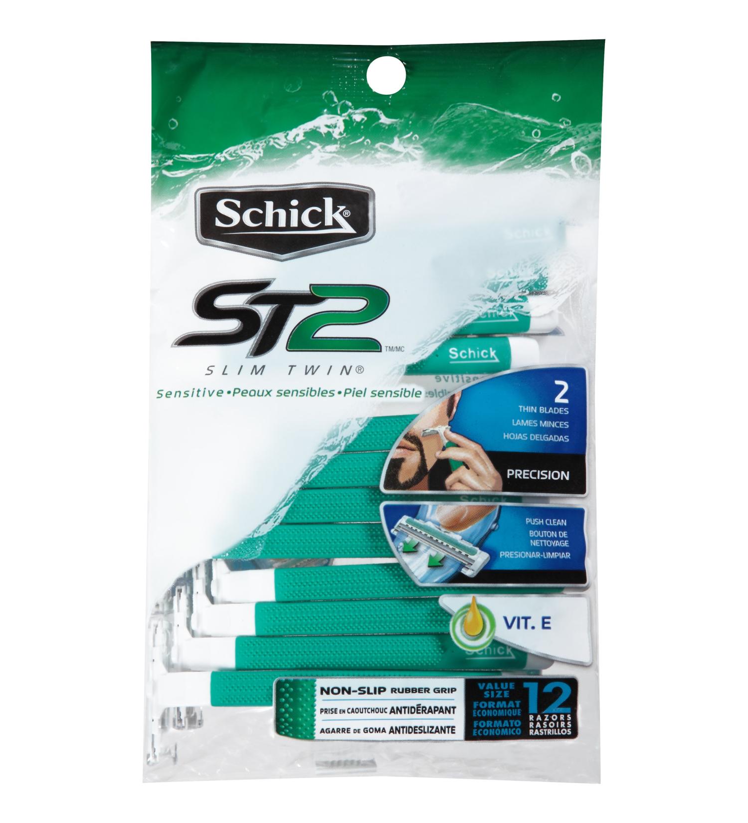 Schick Slim Twin ST 2 Disposable Razors for Men Sensitive Skin Shaving Razor, 12 Count