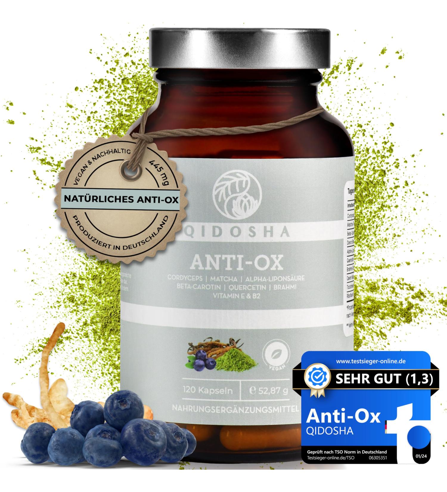 Qidosha Anti-Ox Antioxidant Complex & Skin Complex - Test Winner 01/2024 | High Dose Cellular Protection with Alpha-Lipoic Acid Cordyceps Quercetin & Brahmi Glass - Shop Internationally! - Buy Online on GoSupps.com