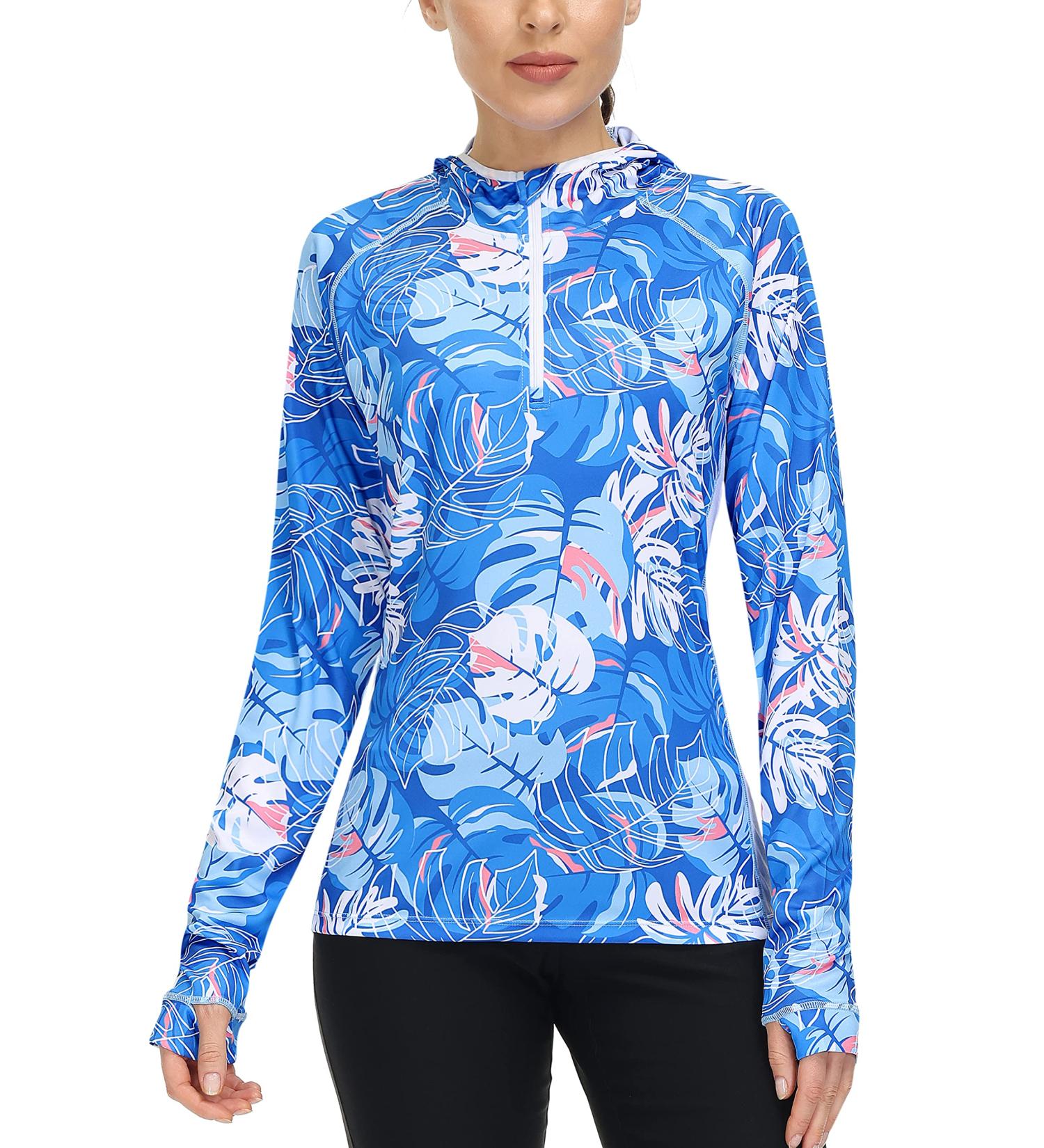 Roadbox Women's UPF 50+ Long Sleeve Sun Hoodie - Blue Palm (XX-Large) - UV Protection Shirt for Gardening, Swim, Hiking, Running - Buy Online on GoSupps.com