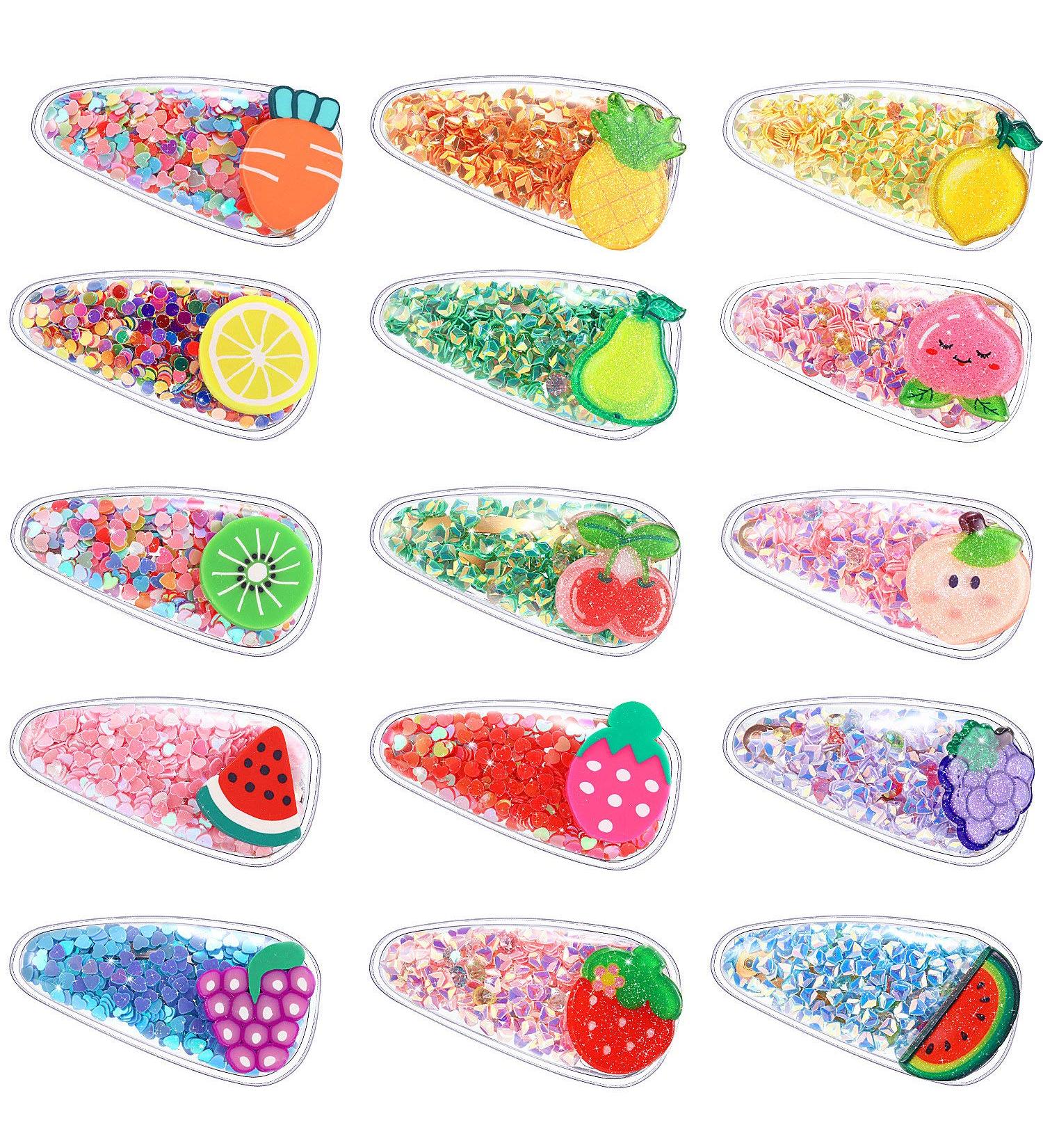 Sparkle Fruit Snap Hair Clips - 15 Piece Set | Quicksand Sequin Hairpins for Girls | Sweet Barrette Styling Accessories - Buy Online on GoSupps.com
