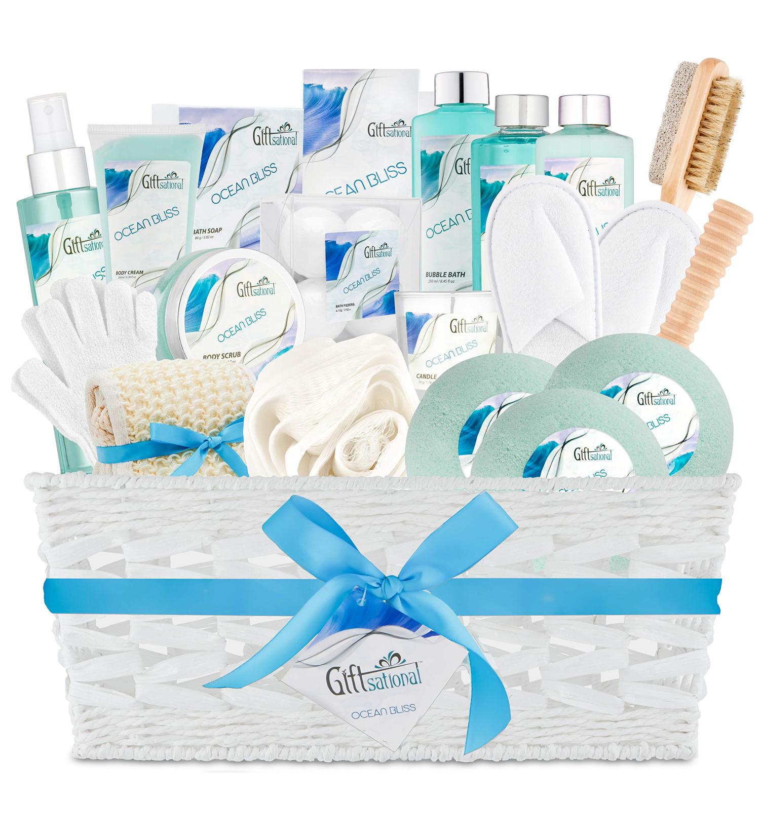 Ocean Bliss XL Spa Bath Gift Basket- 3 Bath Bombs, Shower Gel, Bubble Bath, Lotion, Scrub, Pumice Brush, Candle, Slippers, Massage Stick & More - Buy Online on GoSupps.com