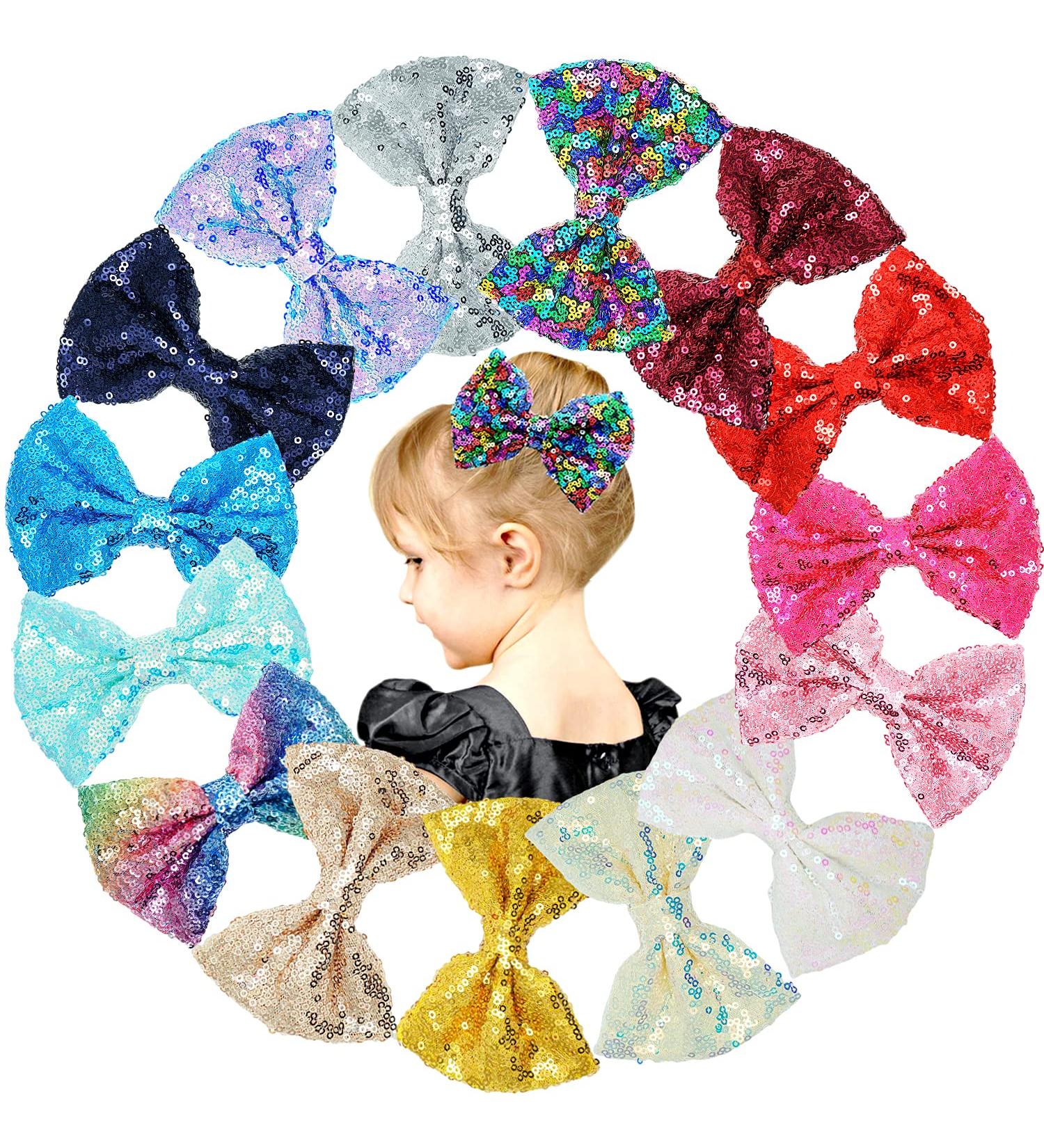 15 Pack of 5 Inch Sparkly Sequins Hair Bows for Baby Girls, Toddlers, and Kids - Perfect for Parties and Festivals - Buy Online on GoSupps.com
