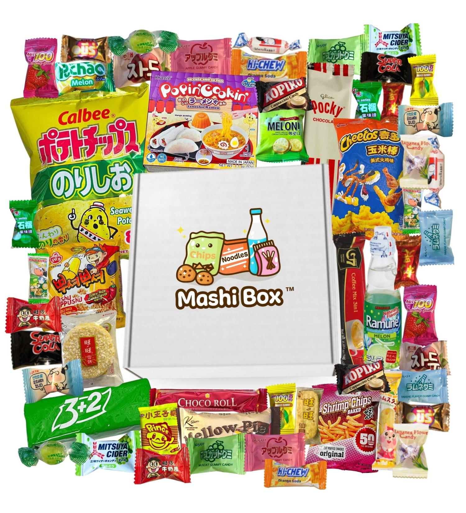 Mashi Box Deluxe Asian Dagashi Snack Box - 55 Pieces with Ramune Drink, Noodles, Chips, and Candy - Buy Online on GoSupps.com