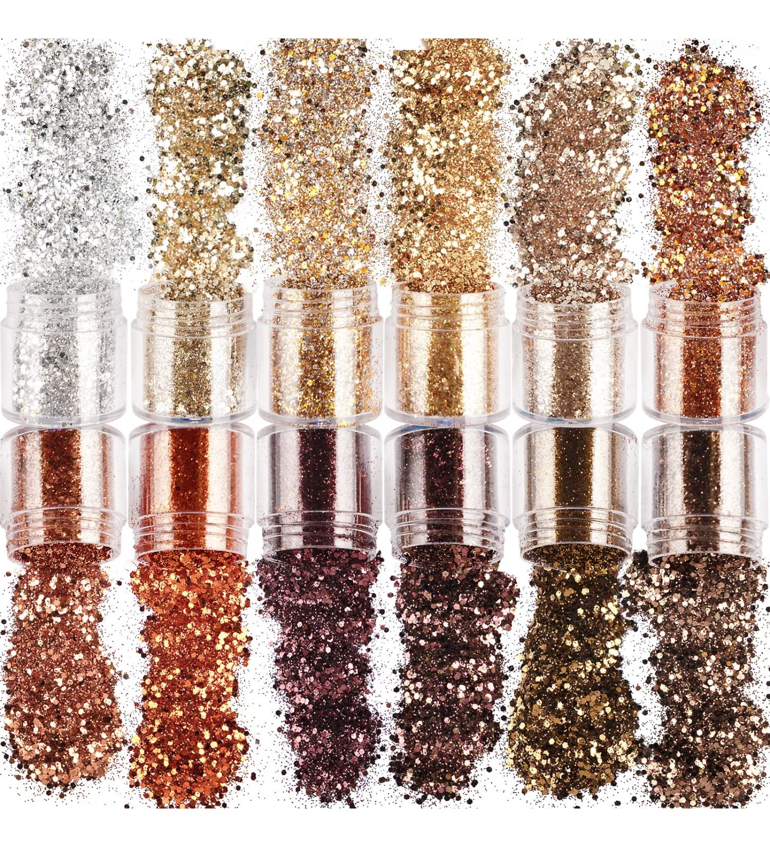 Flofia 12 Box Holographic Nail Glitter Powder - Makeup Face Eyes Body Nail Art & Decoration in Gold & Brown - Buy Online on GoSupps.com